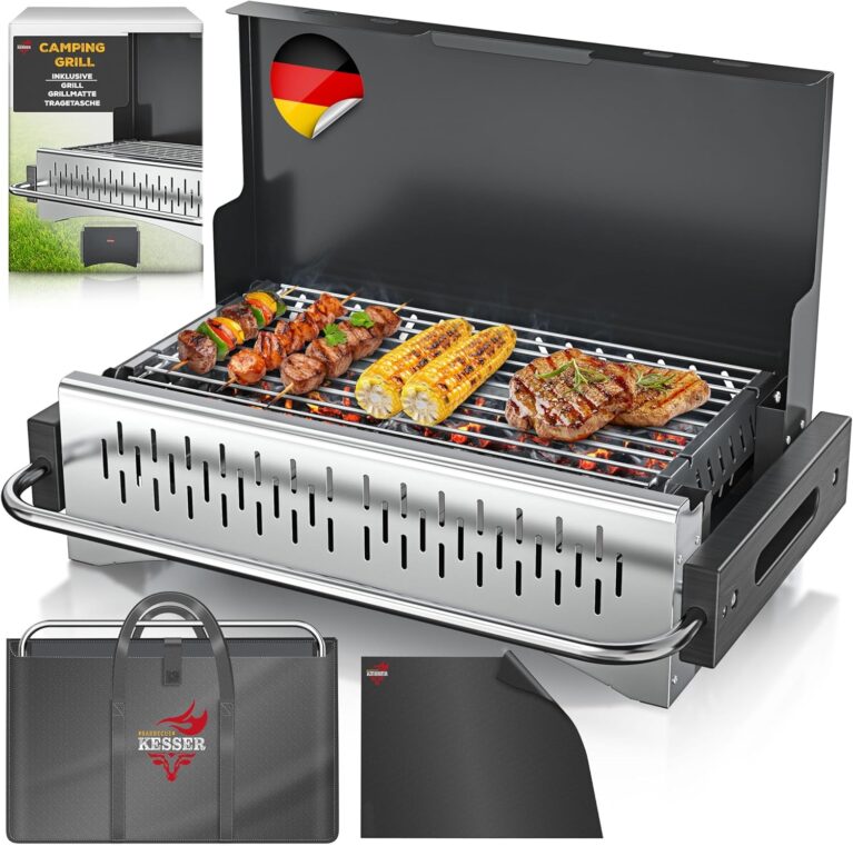 KESSER Klappgrill, tragbarer Campinggrill, Holzkohlegrill aus pulverbeschichtetem Stahl, inklusive Grillrost, Grillmatte und Tragetasche, faltbarer Grill, ideal für Camping, Picknick und Angeln