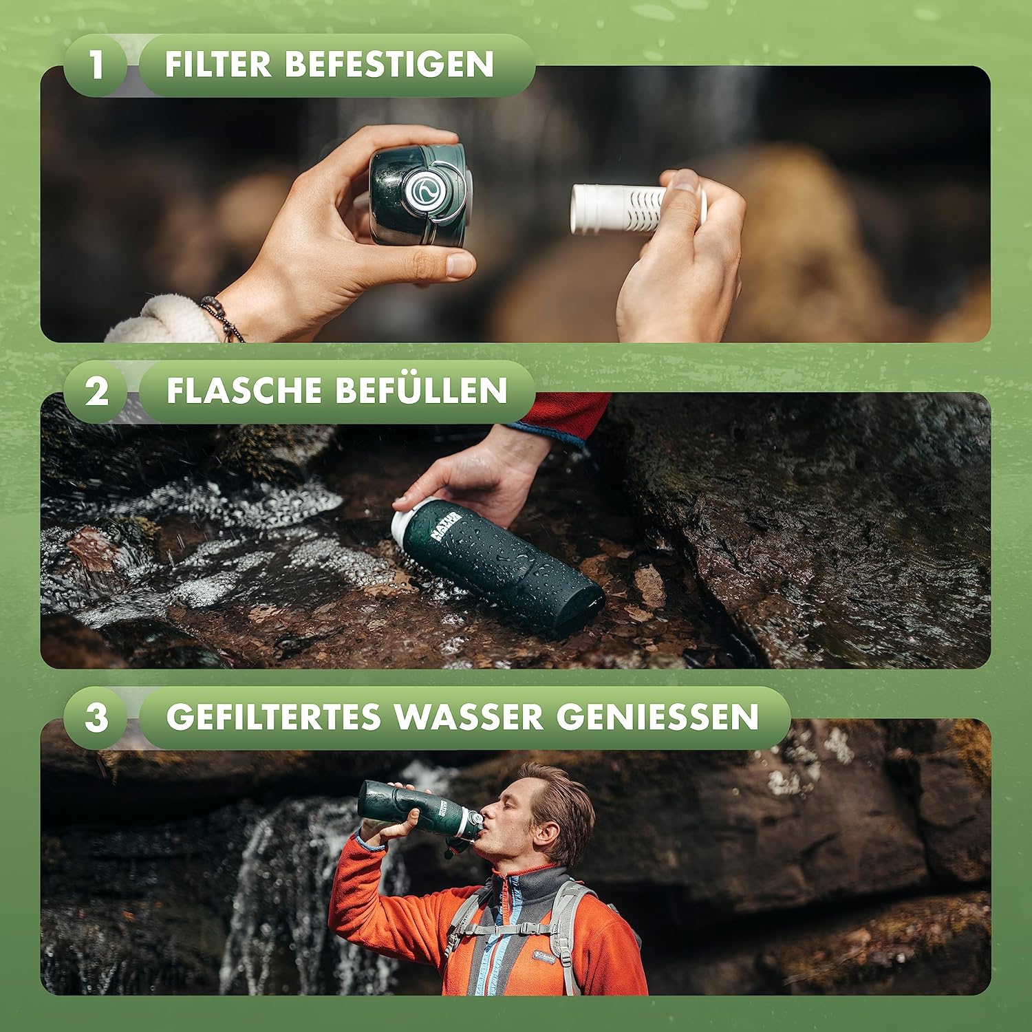 NATURBUMMLER Wasserfilterflasche (750 ml), faltbar und ultraleicht – filtert 99,99 % aller Bakterien (200 l Fassungsvermögen) – Wasserflasche mit Filter für Outdoor-Survival, Camping und Wandern – Bild 6