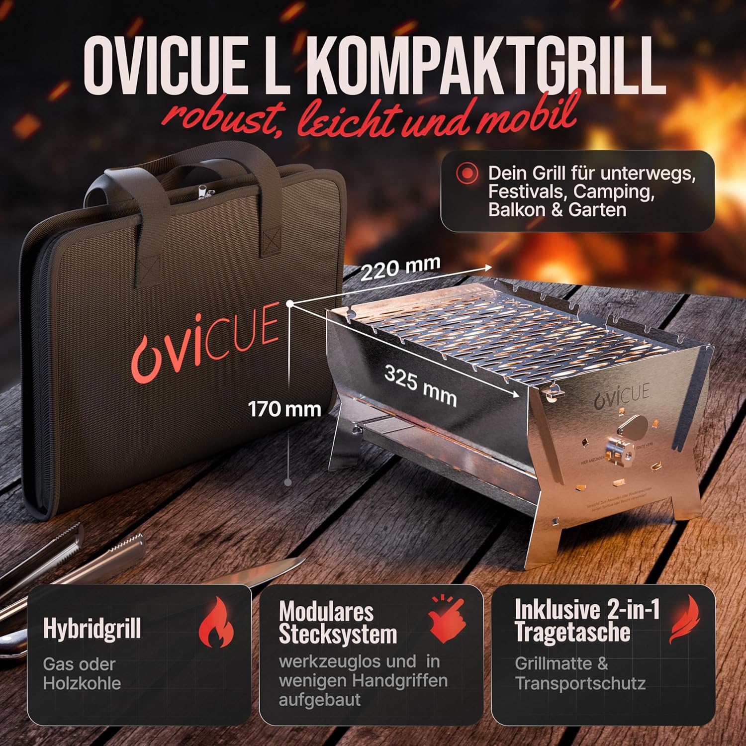 Grillen | Mobiler Plug-In-Gasgrill – Tragbarer Edelstahlgrill mit Plug-In-System – Gas- & Holzkohlebetrieb – inklusive Tragetasche – perfekt für Camping, Balkon, Garten & Outdoor – Campinggrill – Bild 2