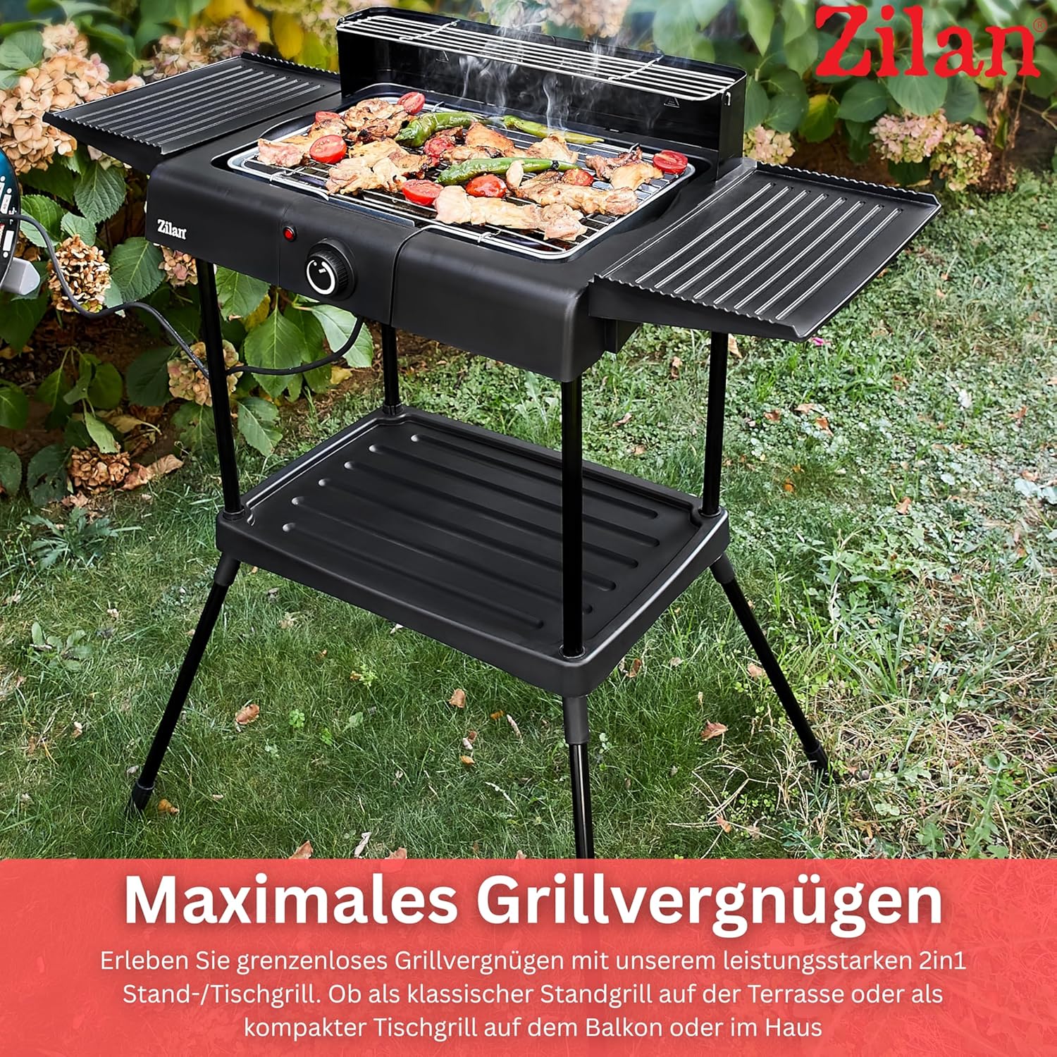 2-in-1 Elektrogrill Standgrill Tischgrill elektrisch 2.400 Watt – Elektrogrill für Balkon, Outdoor und Indoor mit Standfuß große Grillfläche stufenlose Temperaturregelung Elektro-BBQ-Grill – Bild 3