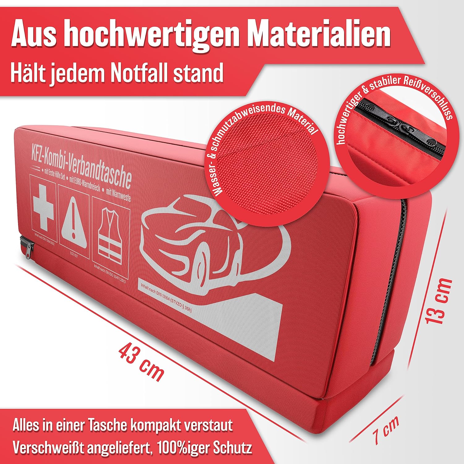 HELDENWERK PKW-Kombitasche (3 in 1) nach aktueller Norm 2026 – inkl. Warndreieck, Warnweste – Verbandskasten Warndreieck-Set Verbandskasten KFZ DIN 13164:2022 (StVO konform) – Bild 4