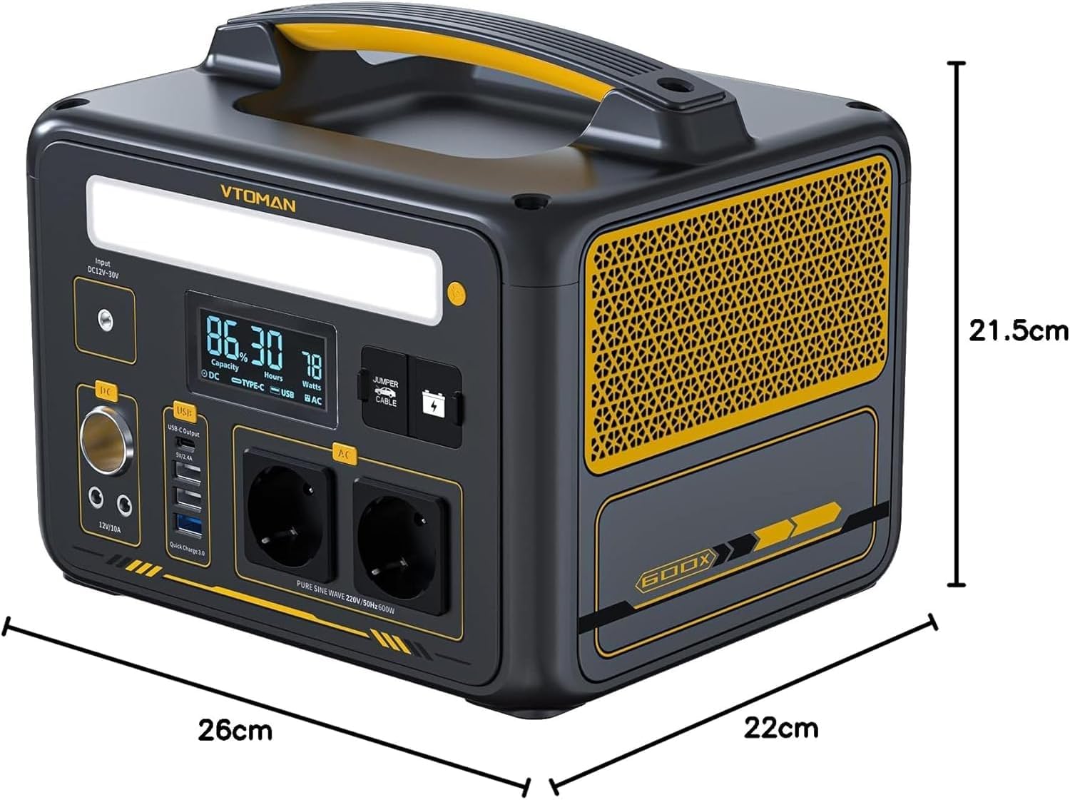 VTOMAN Jump 600X Tragbares Kraftwerk 600 W – 299 Wh Solargenerator LiFePO4 Batterie Stromerzeuger mobil mit 2 x 600 W (1200 W Spitze), erweiterbare Kapazität für Camping, Wohnmobil, Notfall – Bild 2