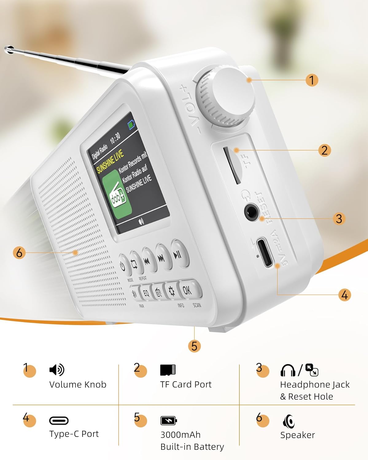Tragbares DAB-Radio, UKW-Digitalradio mit 2,4-Zoll-Farbdisplay und Bluetooth- und EQ-Modi, Küchenradio mit Kabel- oder batteriebetriebenem Radio, DAB Plus-Radio mit 80 Speicherplätzen, TF-Karte/Doppelalarm – Bild 2
