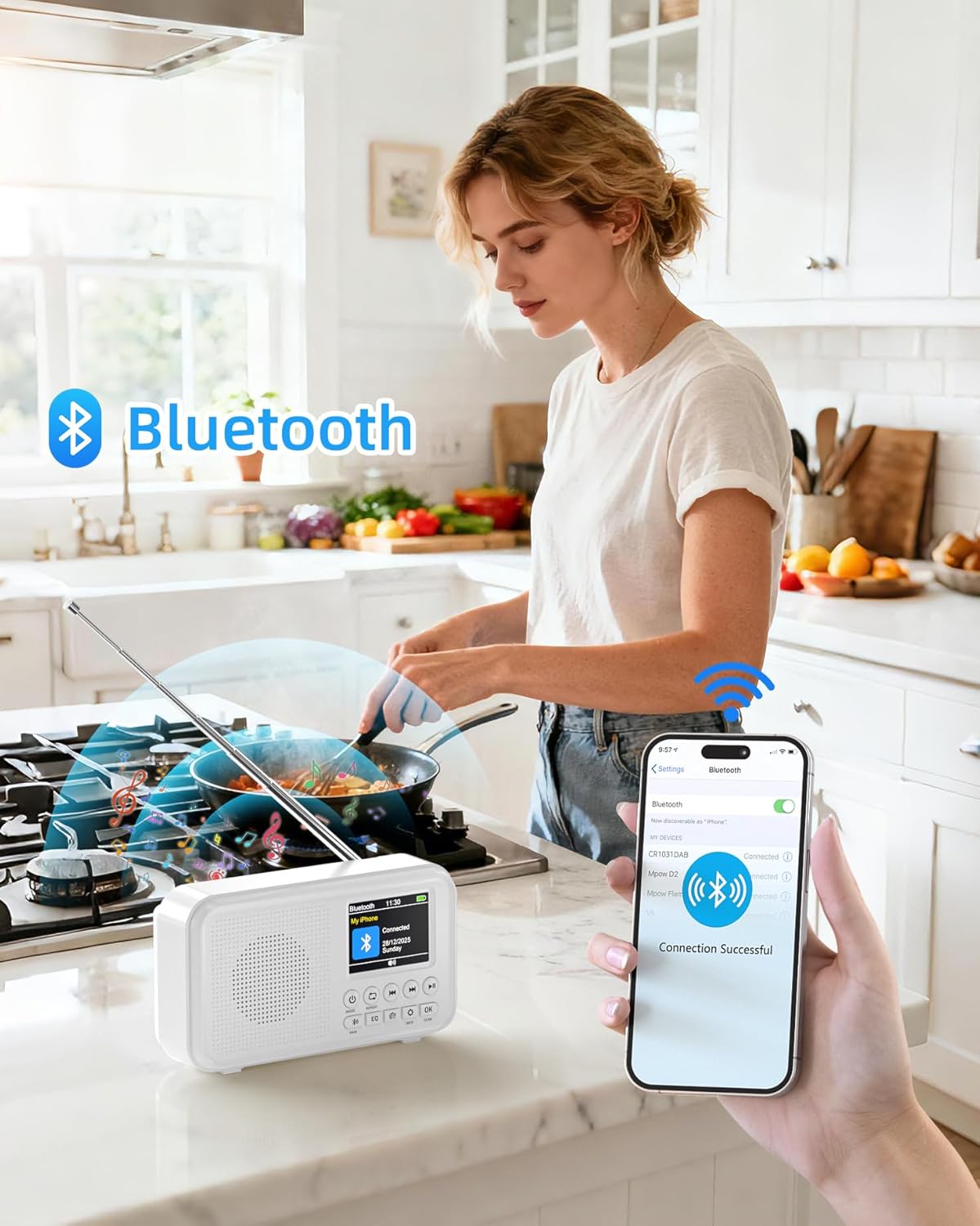 Tragbares DAB-Radio, UKW-Digitalradio mit 2,4-Zoll-Farbdisplay und Bluetooth- und EQ-Modi, Küchenradio mit Kabel- oder batteriebetriebenem Radio, DAB Plus-Radio mit 80 Speicherplätzen, TF-Karte/Doppelalarm – Bild 3