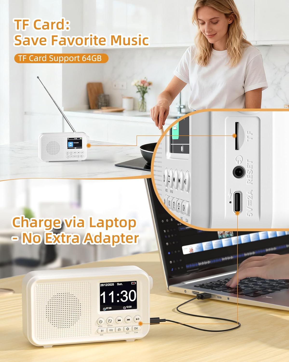 Tragbares DAB-Radio, UKW-Digitalradio mit 2,4-Zoll-Farbdisplay und Bluetooth- und EQ-Modi, Küchenradio mit Kabel- oder batteriebetriebenem Radio, DAB Plus-Radio mit 80 Speicherplätzen, TF-Karte/Doppelalarm – Bild 5