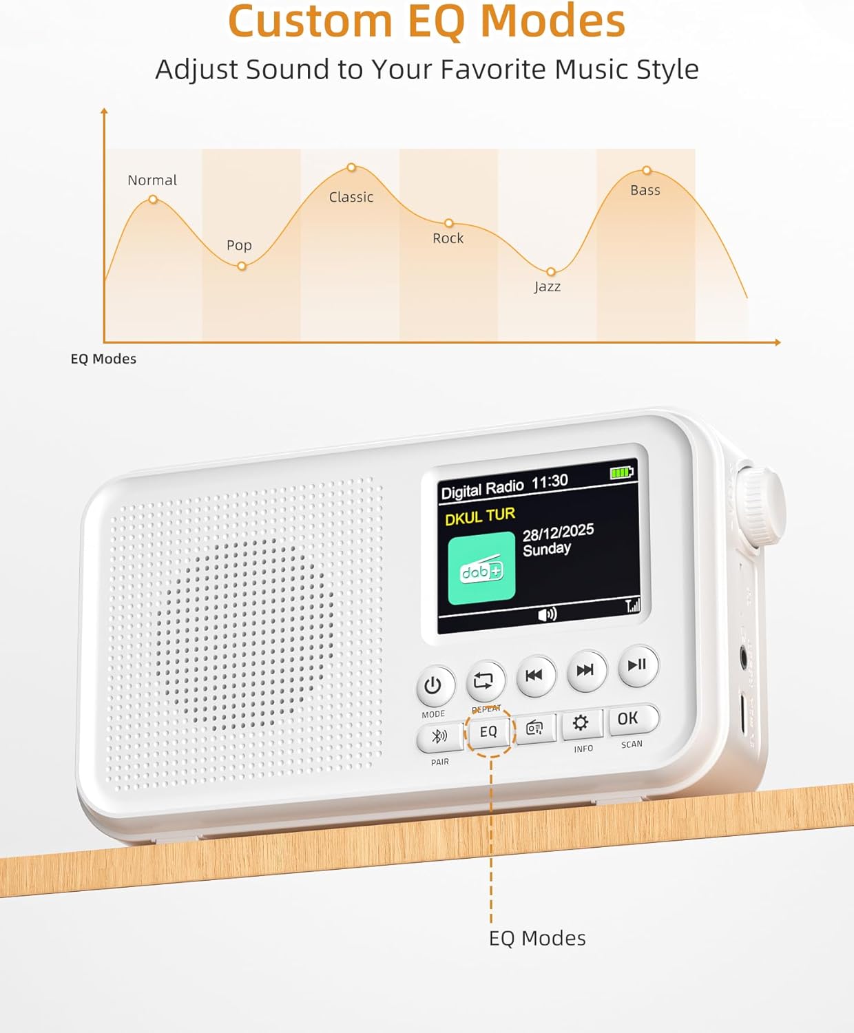 Tragbares DAB-Radio, UKW-Digitalradio mit 2,4-Zoll-Farbdisplay und Bluetooth- und EQ-Modi, Küchenradio mit Kabel- oder batteriebetriebenem Radio, DAB Plus-Radio mit 80 Speicherplätzen, TF-Karte/Doppelalarm – Bild 7