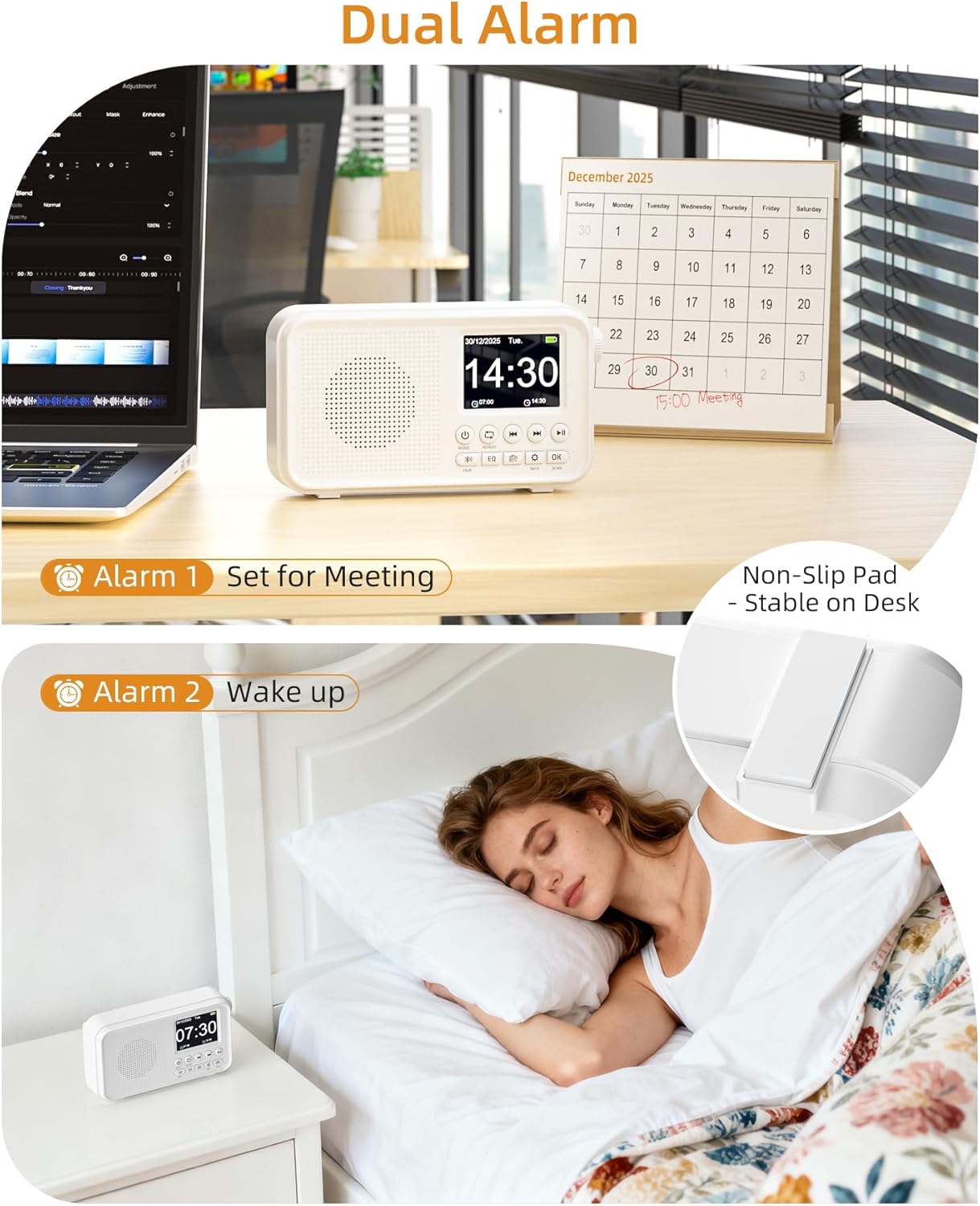 Tragbares DAB-Radio, UKW-Digitalradio mit 2,4-Zoll-Farbdisplay und Bluetooth- und EQ-Modi, Küchenradio mit Kabel- oder batteriebetriebenem Radio, DAB Plus-Radio mit 80 Speicherplätzen, TF-Karte/Doppelalarm – Bild 8
