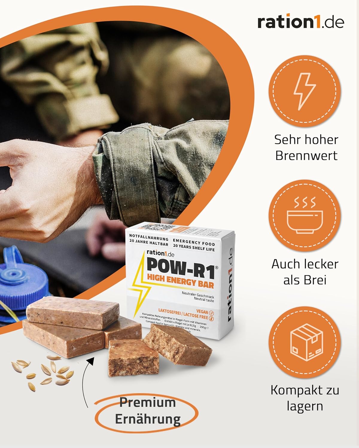 Ration1 Energieriegel, langlebige Notnahrung oder Snack zum Radfahren, Wandern, Outdoor, vegan & laktosefrei, POW-R1 Hochenergieriegel, 2er-Packung, enthält 2 x 4 einzelne Energieriegel – Bild 3