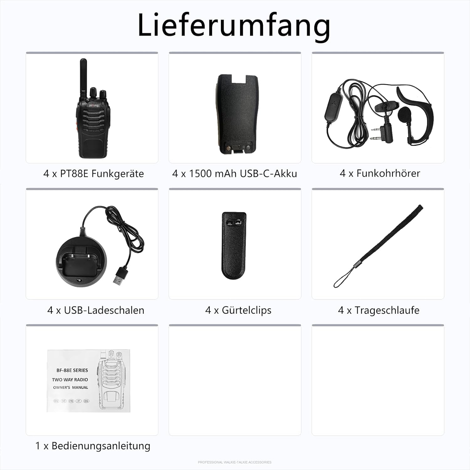 Walkie Talkie PMR446 lizenzfreies Zwei-Wege-Radio, pofung PT88E 16 Kanäle, professionelle wiederaufladbare USB-Ladestation mit großer Reichweite und Ohrhörer, Schwarz, 4 Stück – Bild 8