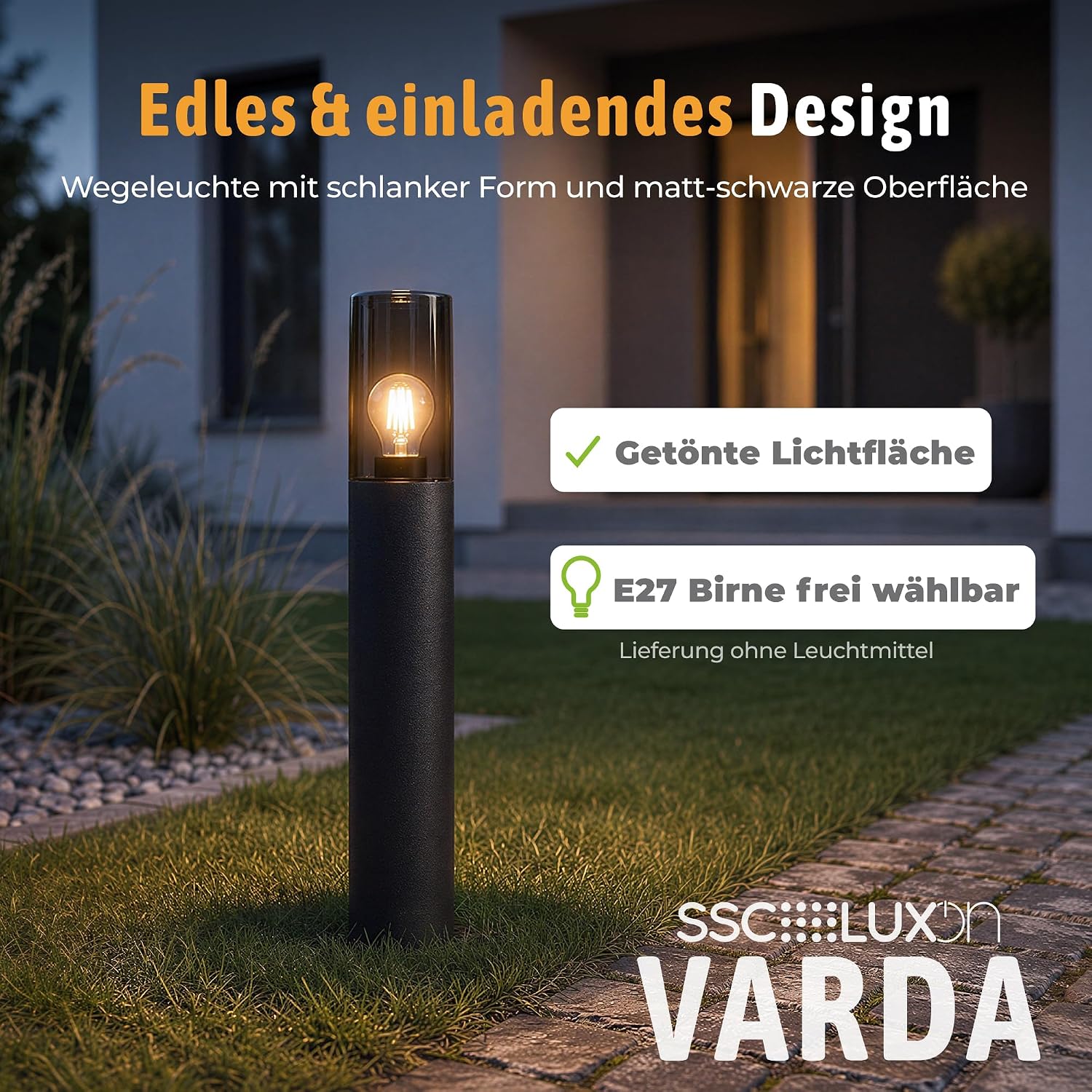 SSC-LUXon Pollerleuchte VARDA Außen schwarz E27-Fassung - Garten-Wegeleuchte Außenlampe Stehhöhe 50 cm Sockelleuchte IP44 – Bild 2