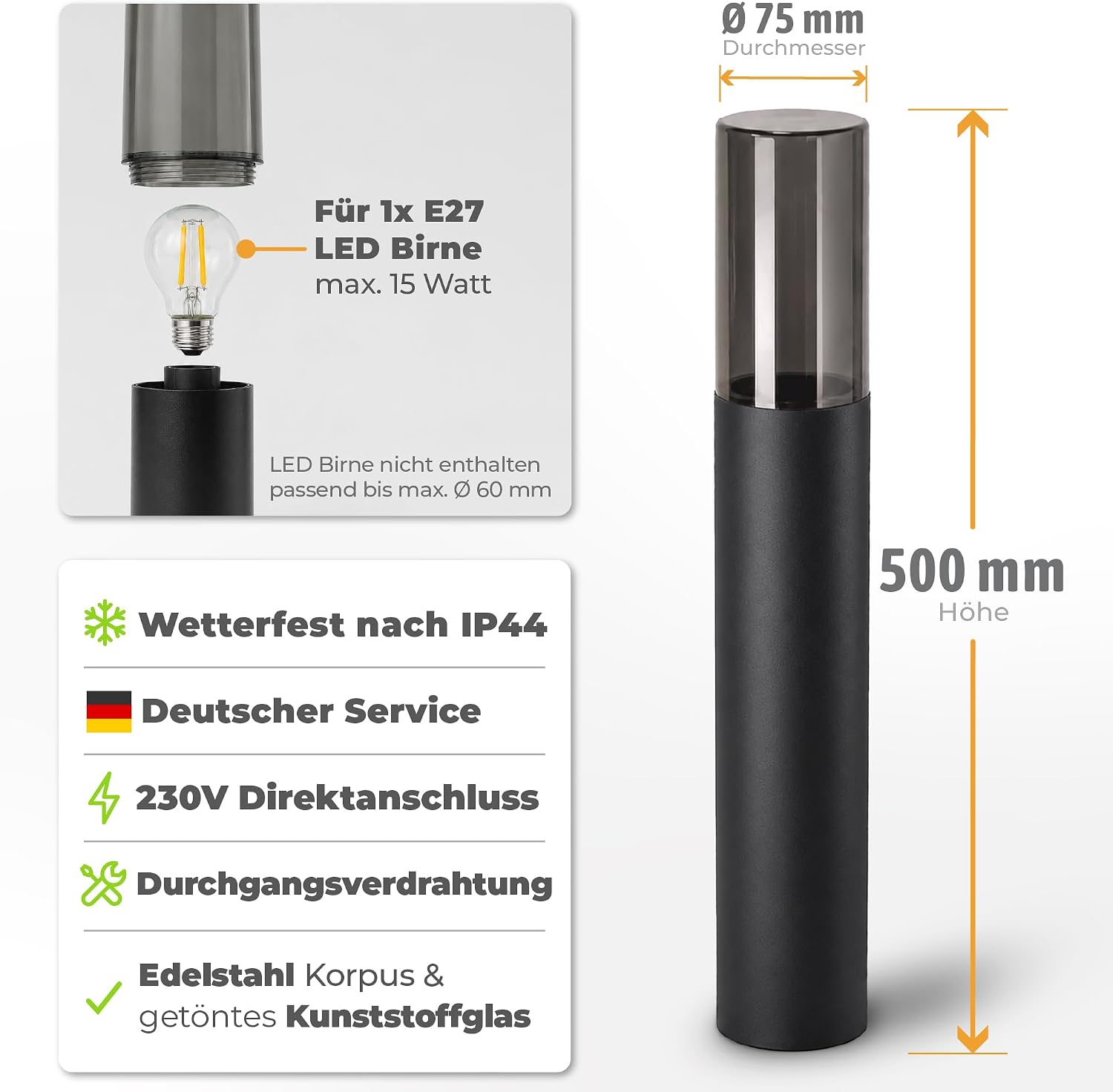SSC-LUXon Pollerleuchte VARDA Außen schwarz E27-Fassung - Garten-Wegeleuchte Außenlampe Stehhöhe 50 cm Sockelleuchte IP44 – Bild 5