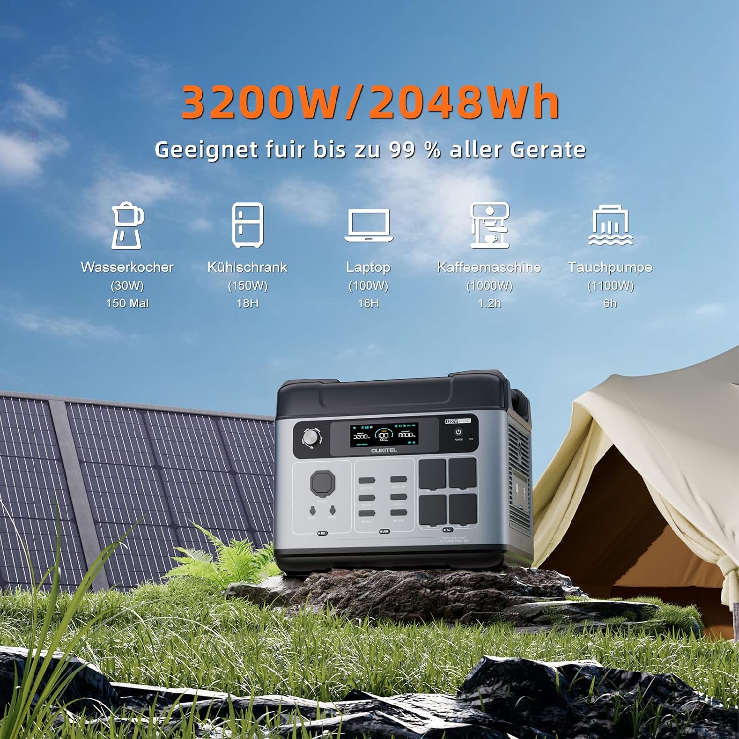 OUKITEL Solargenerator 3200 W mit 2 x 200 W Solarpanel, 2048 Wh tragbares Kraftwerk (6400 W Peak), LiFePO4-Akku, 220 V-240 V, 1 Stunde Schnellladung, für Outdoor-Camping, Reisen, Stromausfälle – Bild 2