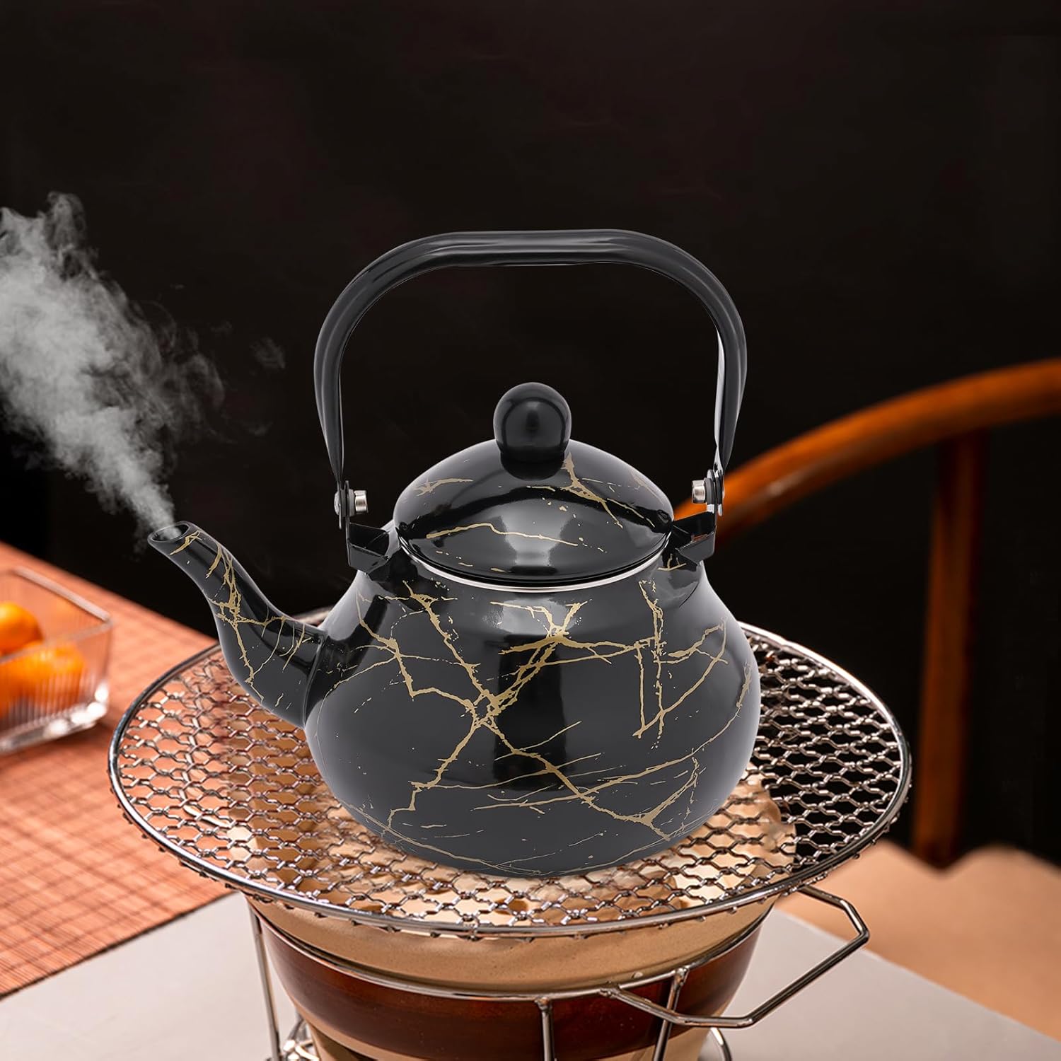 Emaille-Teekanne, 2 l Teekessel, Tee-Kaffeekanne – Vintage, elegant und hochtemperaturbefeuert – geeignet für elektromagnetische Öfen und Gasherde – 2 l Fassungsvermögen – Schwarz – Bild 7