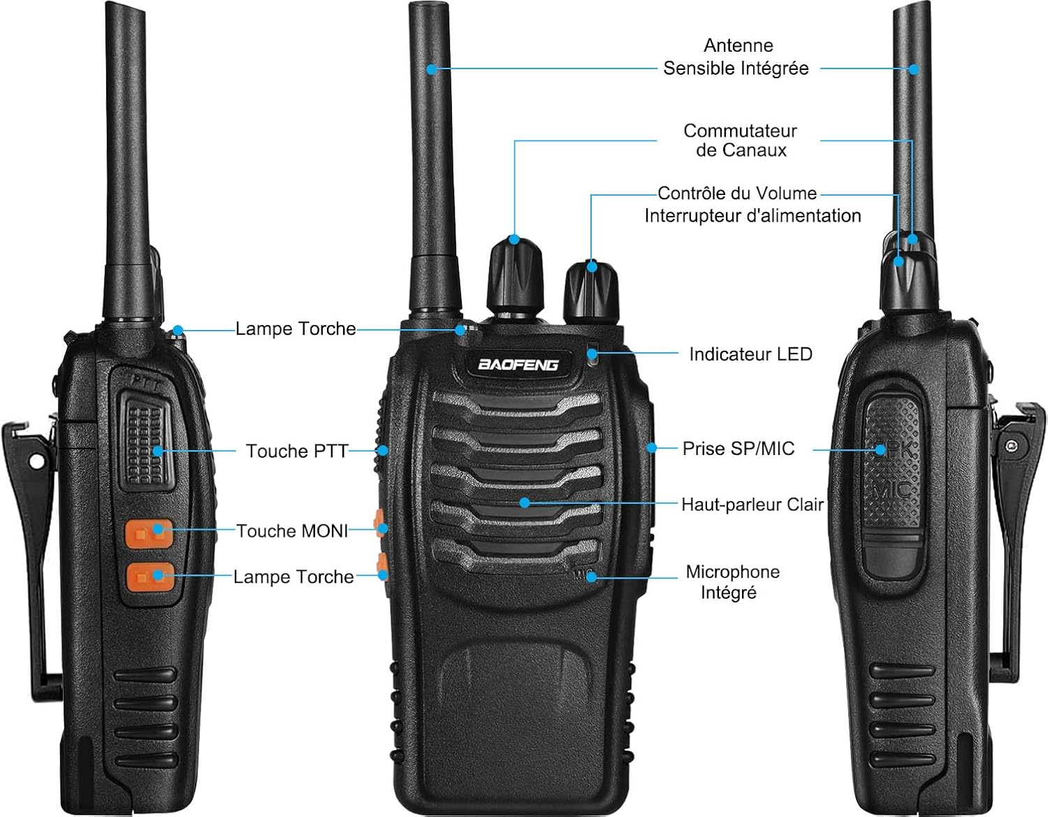 Baofeng Walkie Talkie PMR446 Zwei-Wege-Radio, professionelle 16-Kanal-Gegensprechanlage, 2-teiliges wiederaufladbares Sender- und Empfänger-Set mit Kopfhörern und LED-Licht – Bild 3
