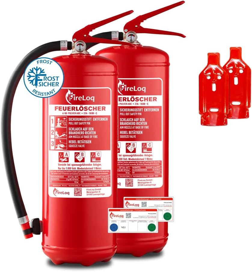 2 x 6 kg Pulverfeuerlöscher für Brandklasse ABC mit 9 LE Dauerdruck inklusive Prüfzeugnis, Wandhalterung und Manometer