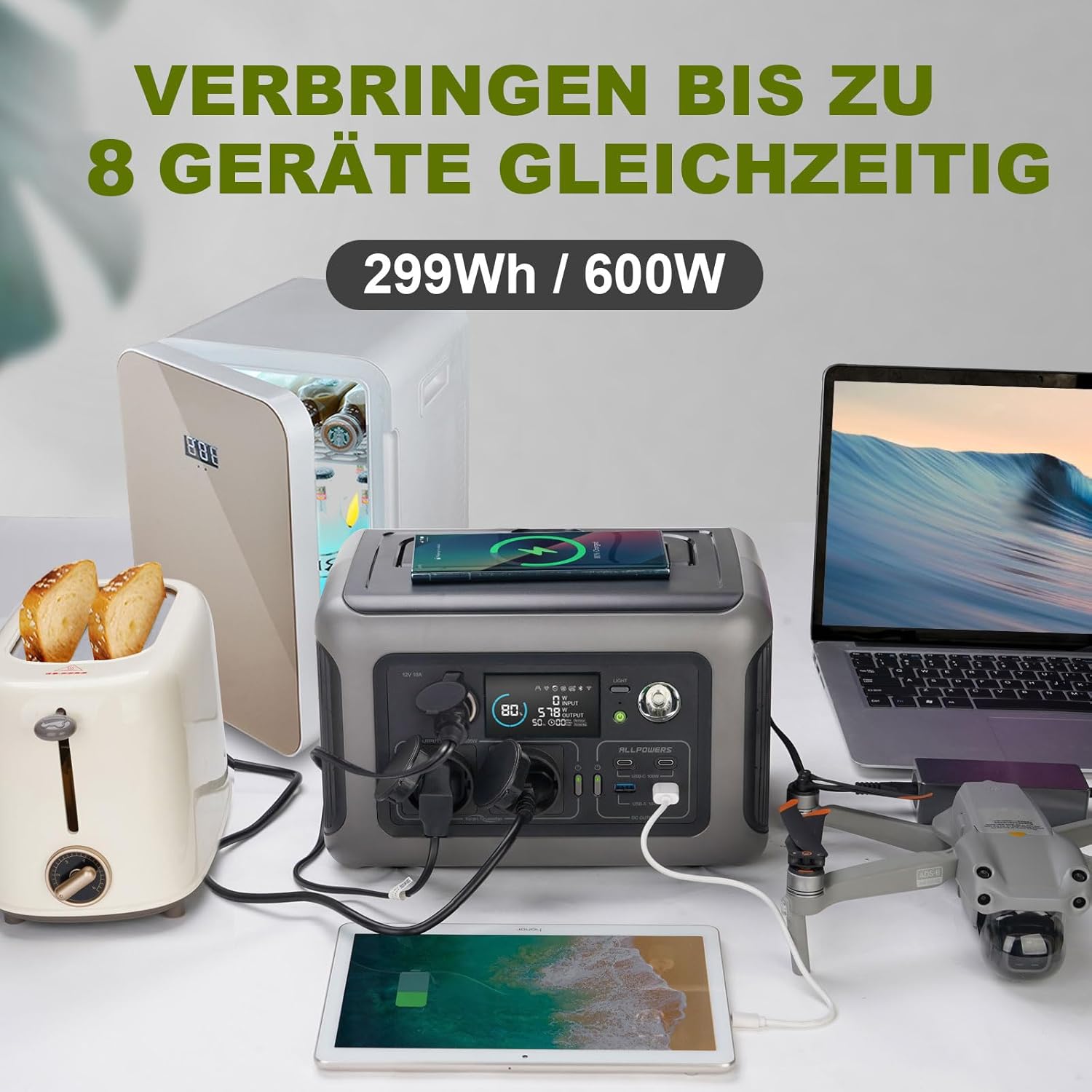ALLPOWERS Tragbares Kraftwerk R600, 299 Wh LiFePO4-Batterie-Solargenerator mit 2 x 600 W (1200 W Spitze) Wechselstromausgang, Schnellladung in 1 Stunde für Garten, Party, Reisen, Camping, Wohnmobil, Notfall – Bild 2