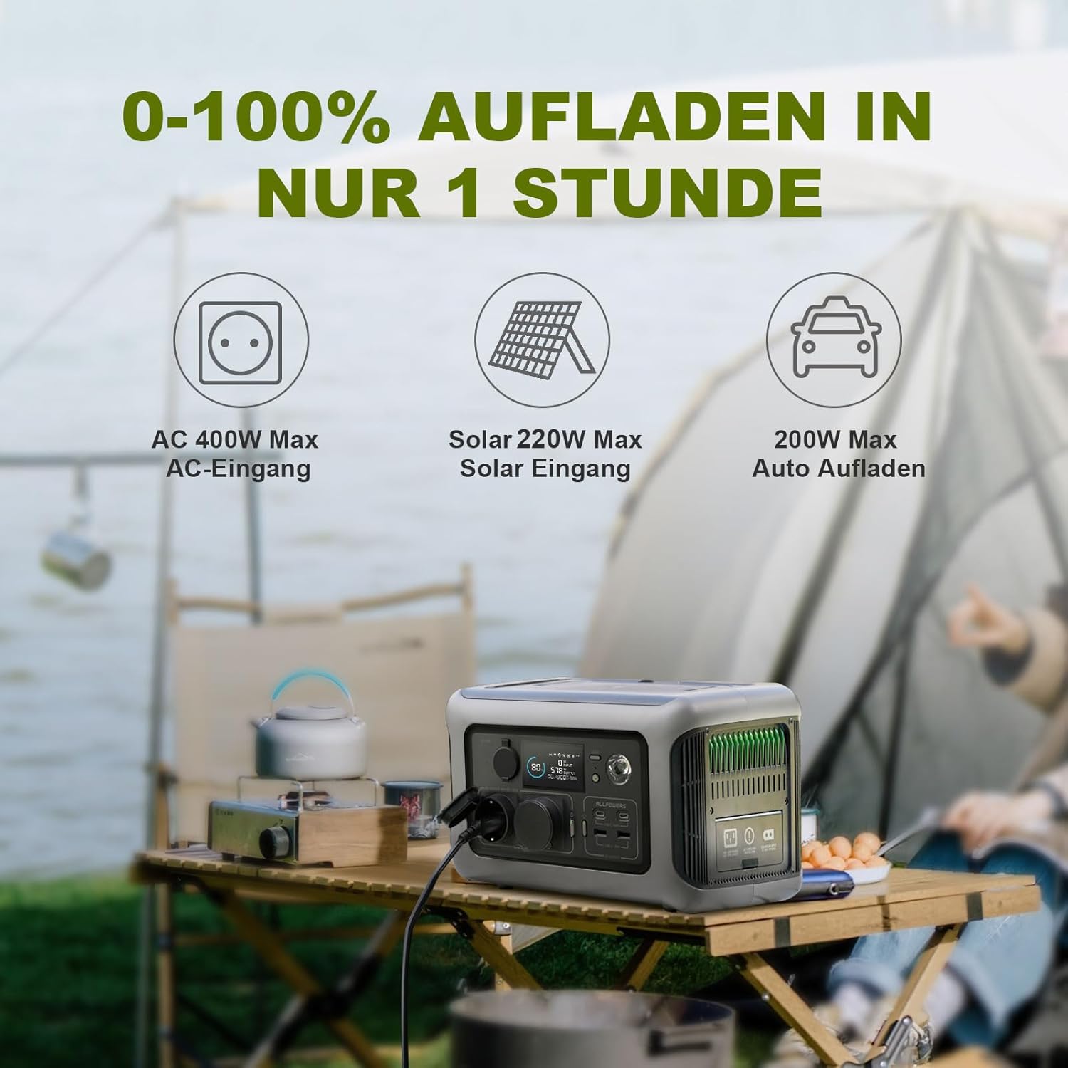 ALLPOWERS Tragbares Kraftwerk R600, 299 Wh LiFePO4-Batterie-Solargenerator mit 2 x 600 W (1200 W Spitze) Wechselstromausgang, Schnellladung in 1 Stunde für Garten, Party, Reisen, Camping, Wohnmobil, Notfall – Bild 5