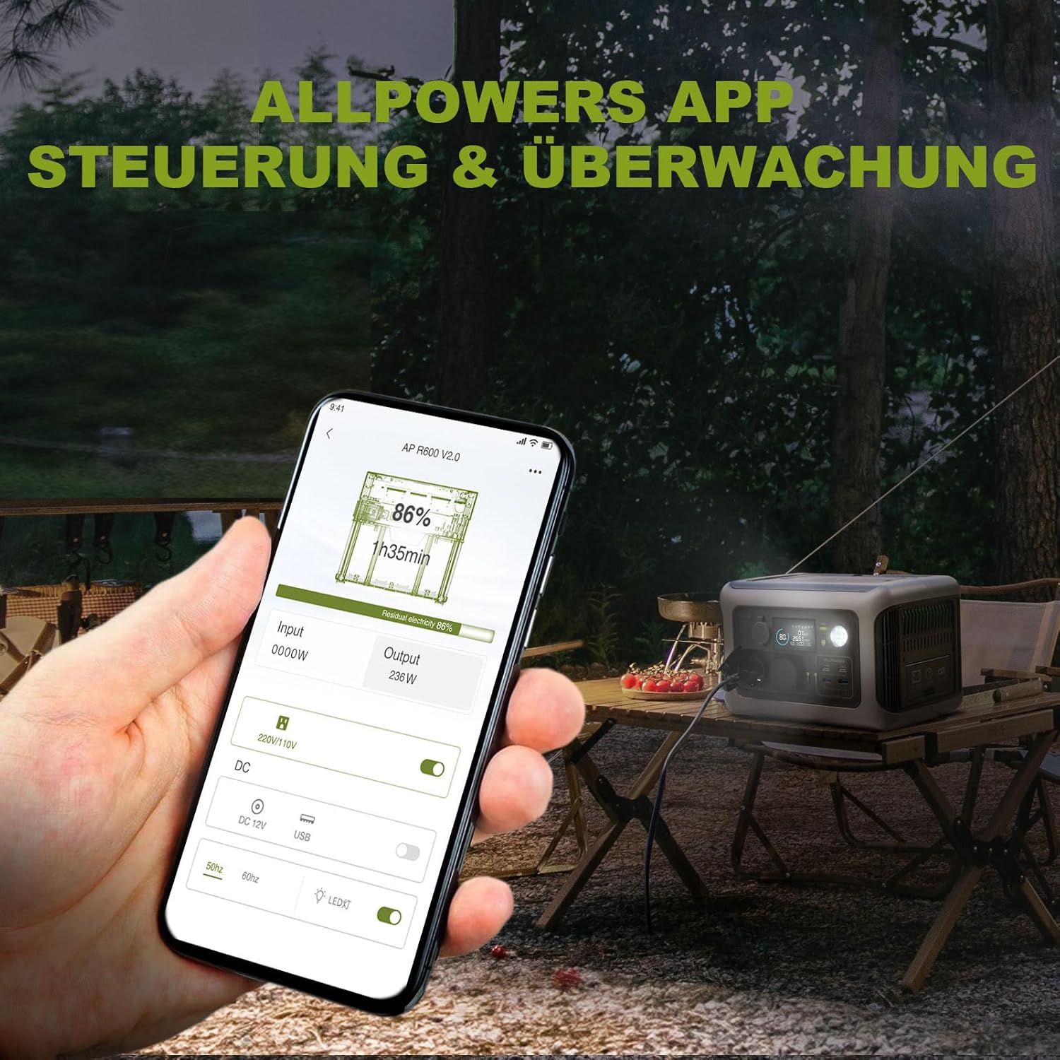 ALLPOWERS Tragbares Kraftwerk R600, 299 Wh LiFePO4-Batterie-Solargenerator mit 2 x 600 W (1200 W Spitze) Wechselstromausgang, Schnellladung in 1 Stunde für Garten, Party, Reisen, Camping, Wohnmobil, Notfall – Bild 7