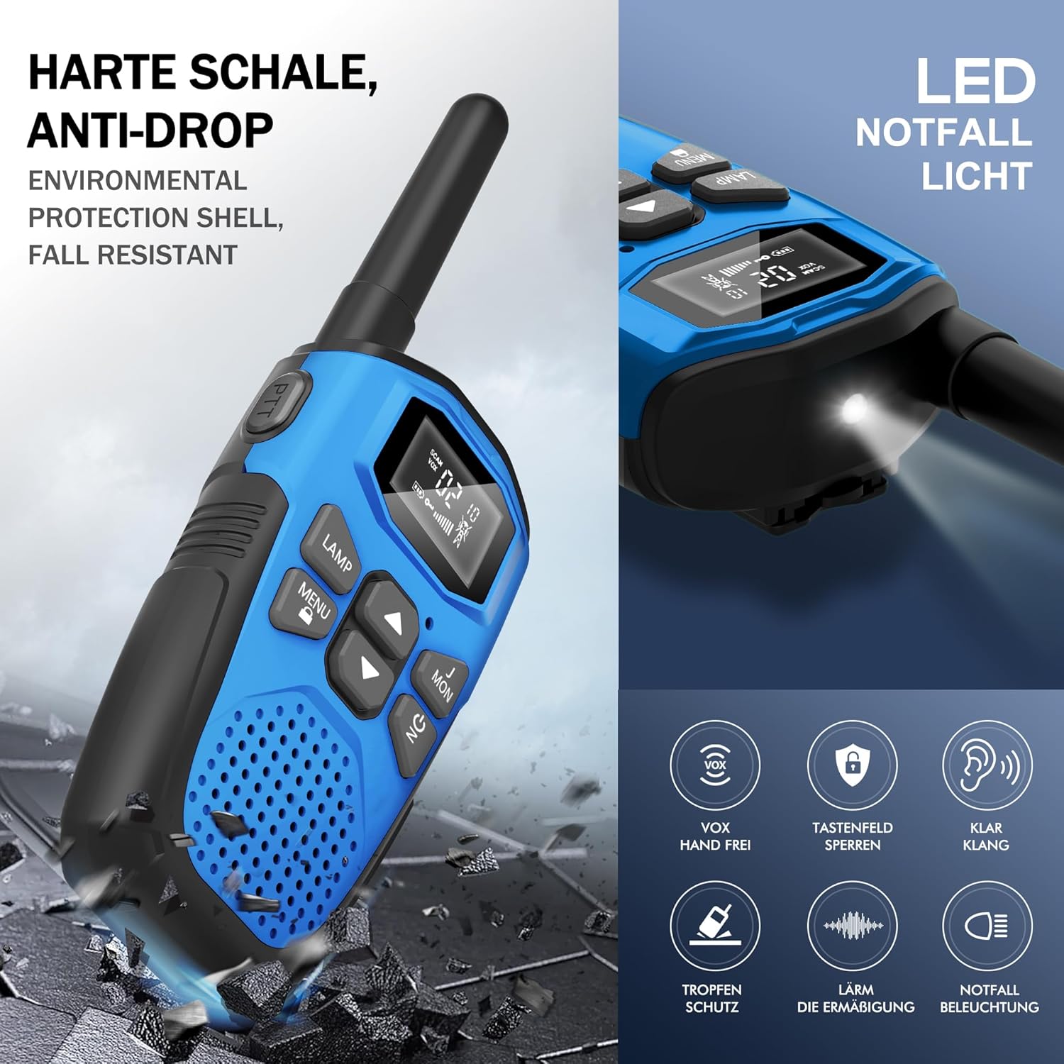 NXGKET Walkie Talkie 4er Set Walkie Talkies Wiederaufladbar für Erwachsene Kinder Radios Lange Reichweite 5 km Walki Talki mit Li-Ionen-Akku, Walkie Talkies VOX Taschenlampe für Outdoor, Camping, Wandern – Bild 6