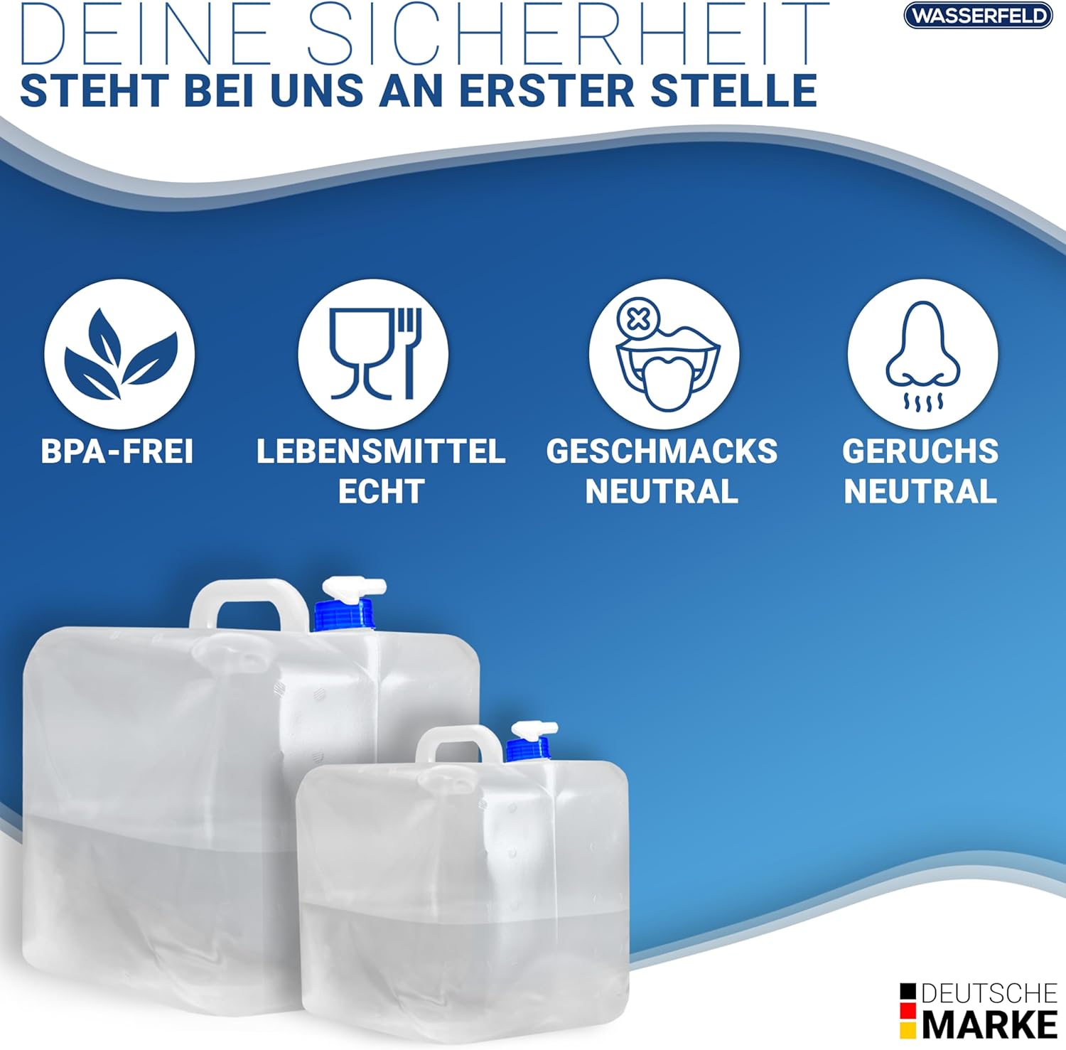 WASSERFELD (10 L - 20 L Wasserkanister faltbar inkl. auslaufsicherem Dosierhahn und Tragegriff – robuster Trinkwasserkanister mit Verschlussklappe – auslaufsicherer Wasserbehälter – Bild 2