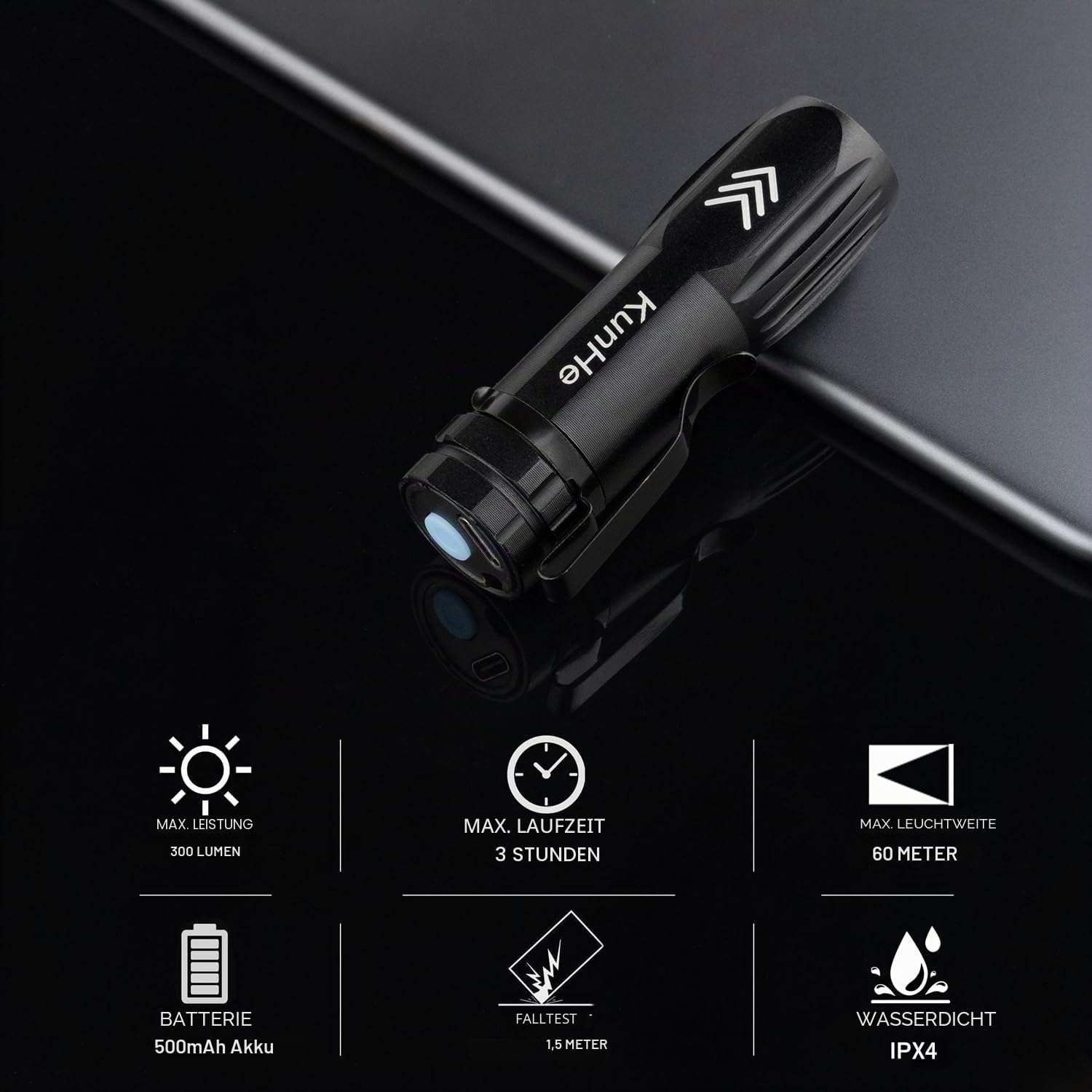 KunHe Kleine LED-Taschenlampe, wiederaufladbar, 5er-Set, Mini-Taschenlampe USB-C mit Clip, 300 Lumen, Aluminium-Taschenlampen, klein für Auto, Haushalt, Notfall und Camping – Bild 3