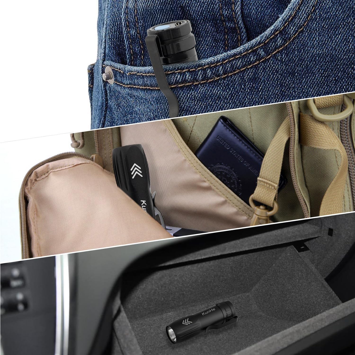 KunHe Kleine LED-Taschenlampe, wiederaufladbar, 5er-Set, Mini-Taschenlampe USB-C mit Clip, 300 Lumen, Aluminium-Taschenlampen, klein für Auto, Haushalt, Notfall und Camping – Bild 4