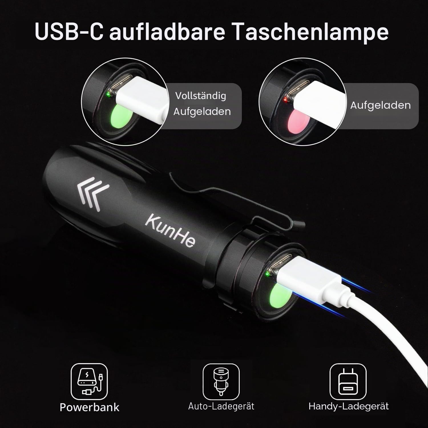 KunHe Kleine LED-Taschenlampe, wiederaufladbar, 5er-Set, Mini-Taschenlampe USB-C mit Clip, 300 Lumen, Aluminium-Taschenlampen, klein für Auto, Haushalt, Notfall und Camping – Bild 5