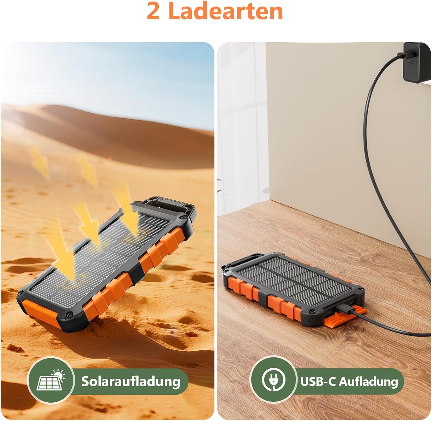 PD22.5W Solar-Powerbank, 10.000 mAh, tragbares Solar-Ladegerät, USB-C, externer Akku, für den Außenbereich, wasserdicht, mit LED-Licht und 3 Ausgängen für Smartphones, Tablets, Camping, Orange – Bild 3