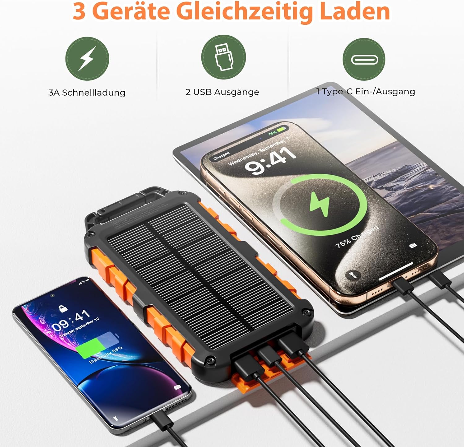 PD22.5W Solar-Powerbank, 10.000 mAh, tragbares Solar-Ladegerät, USB-C, externer Akku, für den Außenbereich, wasserdicht, mit LED-Licht und 3 Ausgängen für Smartphones, Tablets, Camping, Orange – Bild 2