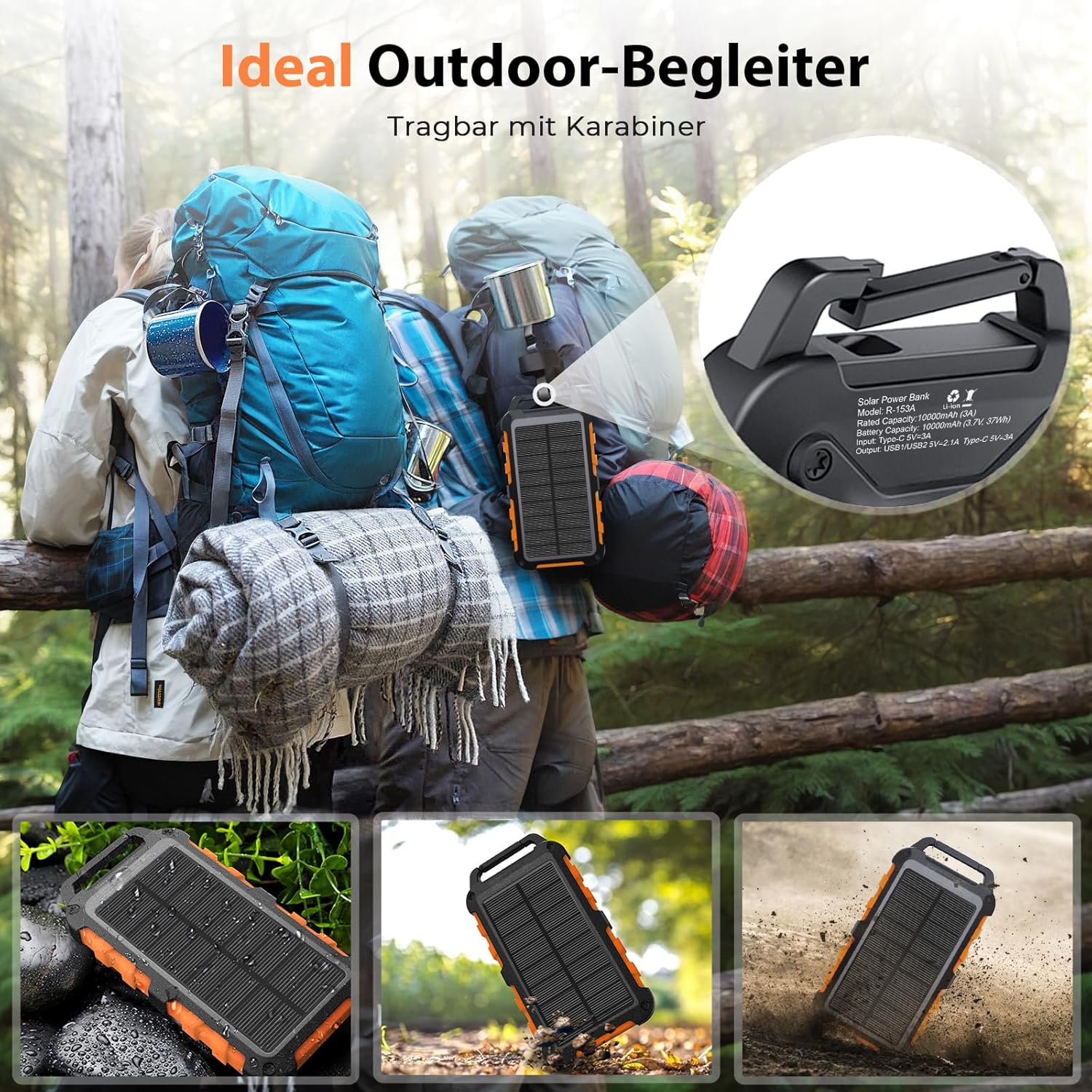 PD22.5W Solar-Powerbank, 10.000 mAh, tragbares Solar-Ladegerät, USB-C, externer Akku, für den Außenbereich, wasserdicht, mit LED-Licht und 3 Ausgängen für Smartphones, Tablets, Camping, Orange – Bild 4