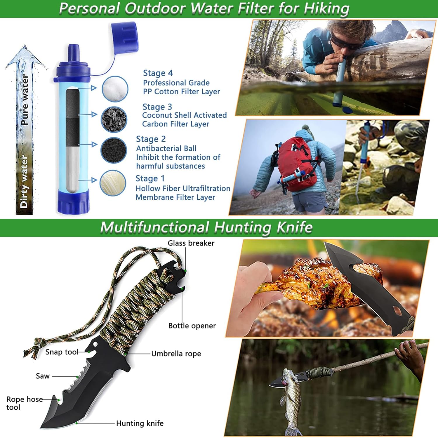 Outdoor-Notfall-Überlebensset mit Camping-Zubehör, Survival-Outdoor-Ausrüstung mit Jagdmesser, Multitool, Hammer, Axt, Wasserfilter, Outdoor, personalisierte Geschenke für Abenteuer, Wandern – Bild 2