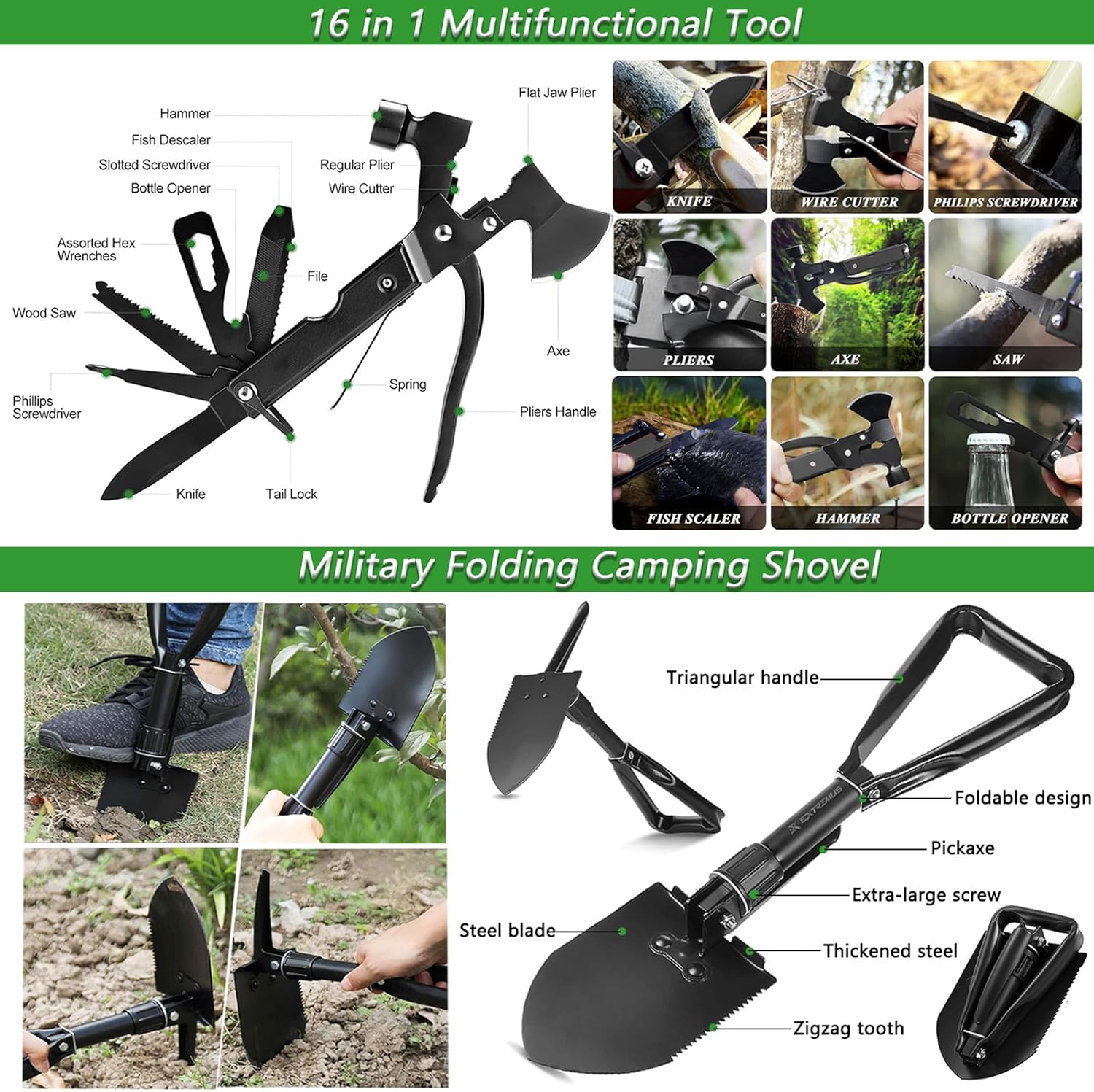 Outdoor-Notfall-Überlebensset mit Camping-Zubehör, Survival-Outdoor-Ausrüstung mit Jagdmesser, Multitool, Hammer, Axt, Wasserfilter, Outdoor, personalisierte Geschenke für Abenteuer, Wandern – Bild 3