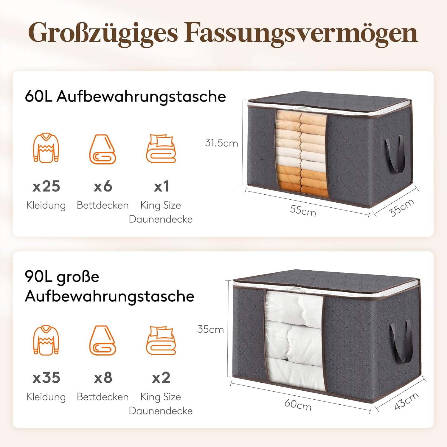 Lifewit Große Aufbewahrungstasche, Schrank-Organizer-Set, faltbare Kleideraufbewahrung mit verstärktem Griff, stabiler Reißverschluss für Kleidung, Bettwäsche, Bettdecken, Steppdecke, Grau, 6 Stück – Bild 2