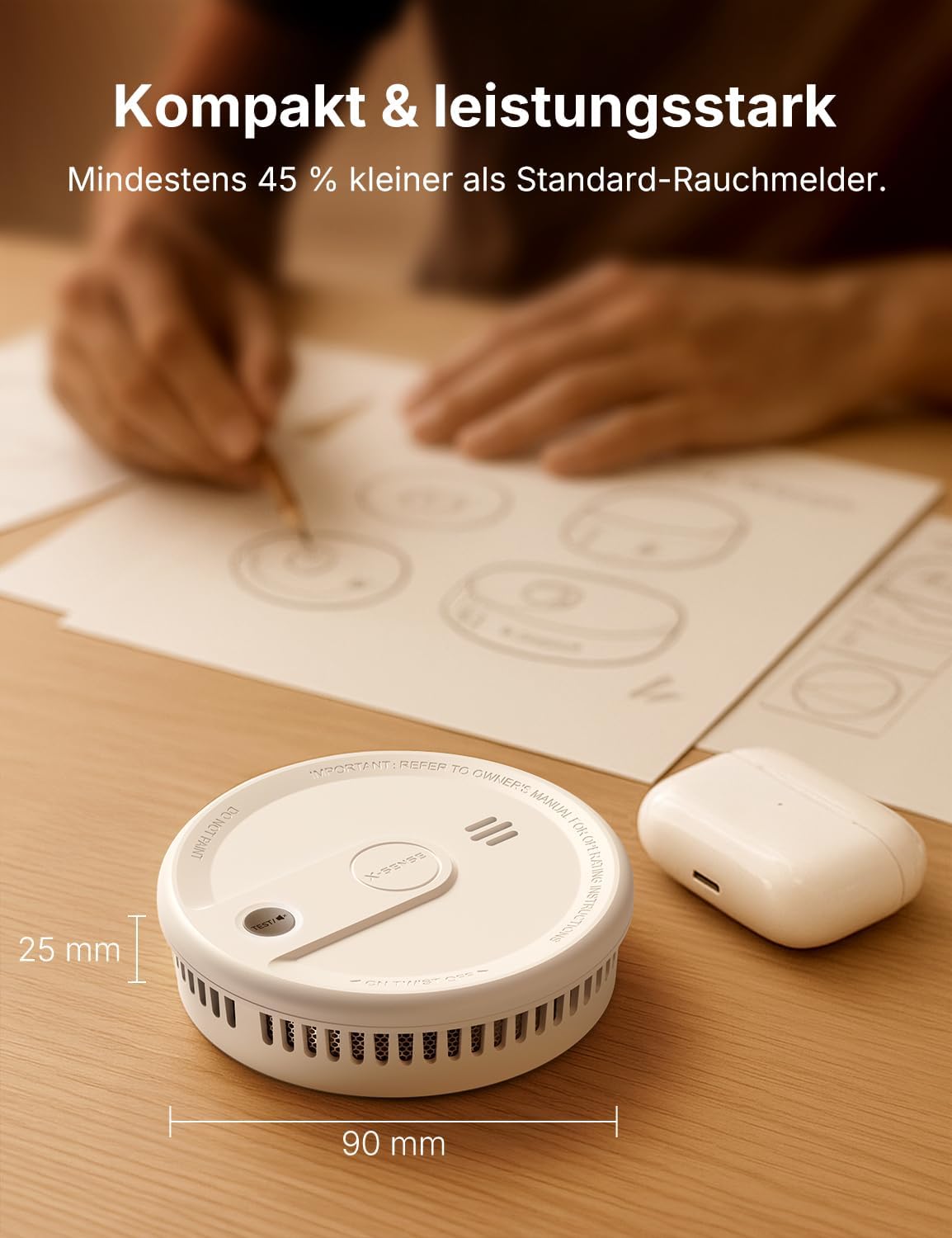 X-Sense Rauchmelder mit 10-jähriger Batterie, zertifiziert nach EN 14604, Feuermelder mit Magnethalterung, Standby ohne LED-Blinksignal, Test-/Stummschalttaste, ultraschlank, XS0G-SN, 2 Stück – Bild 4