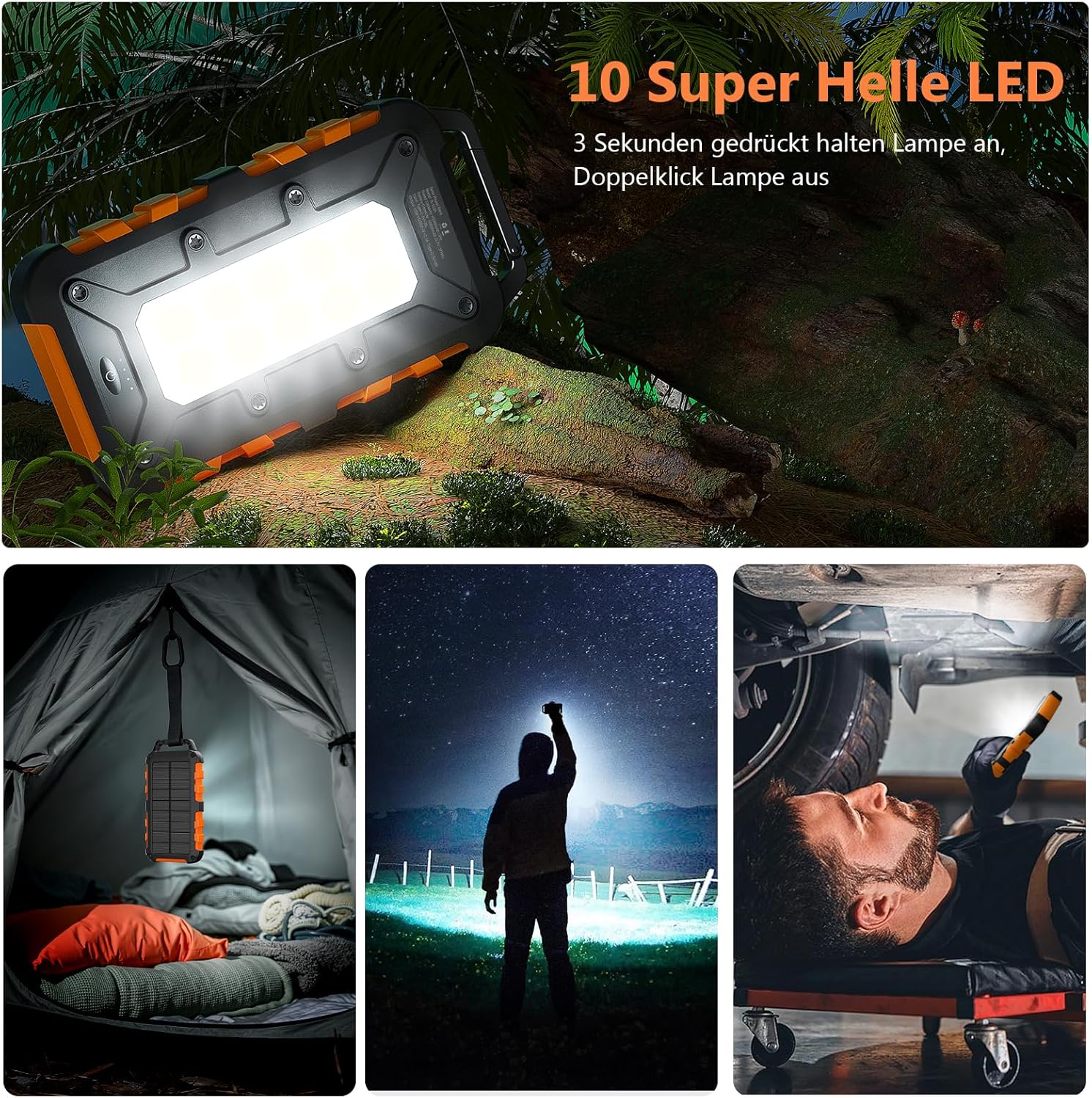 PD22.5W Solar Power Bank 10000 mAh Tragbares Solarladegerät USB C Externer Akku Outdoor Wasserdicht mit LED-Licht und 3 Ausgängen für Smartphones Tablets Camping – Bild 5