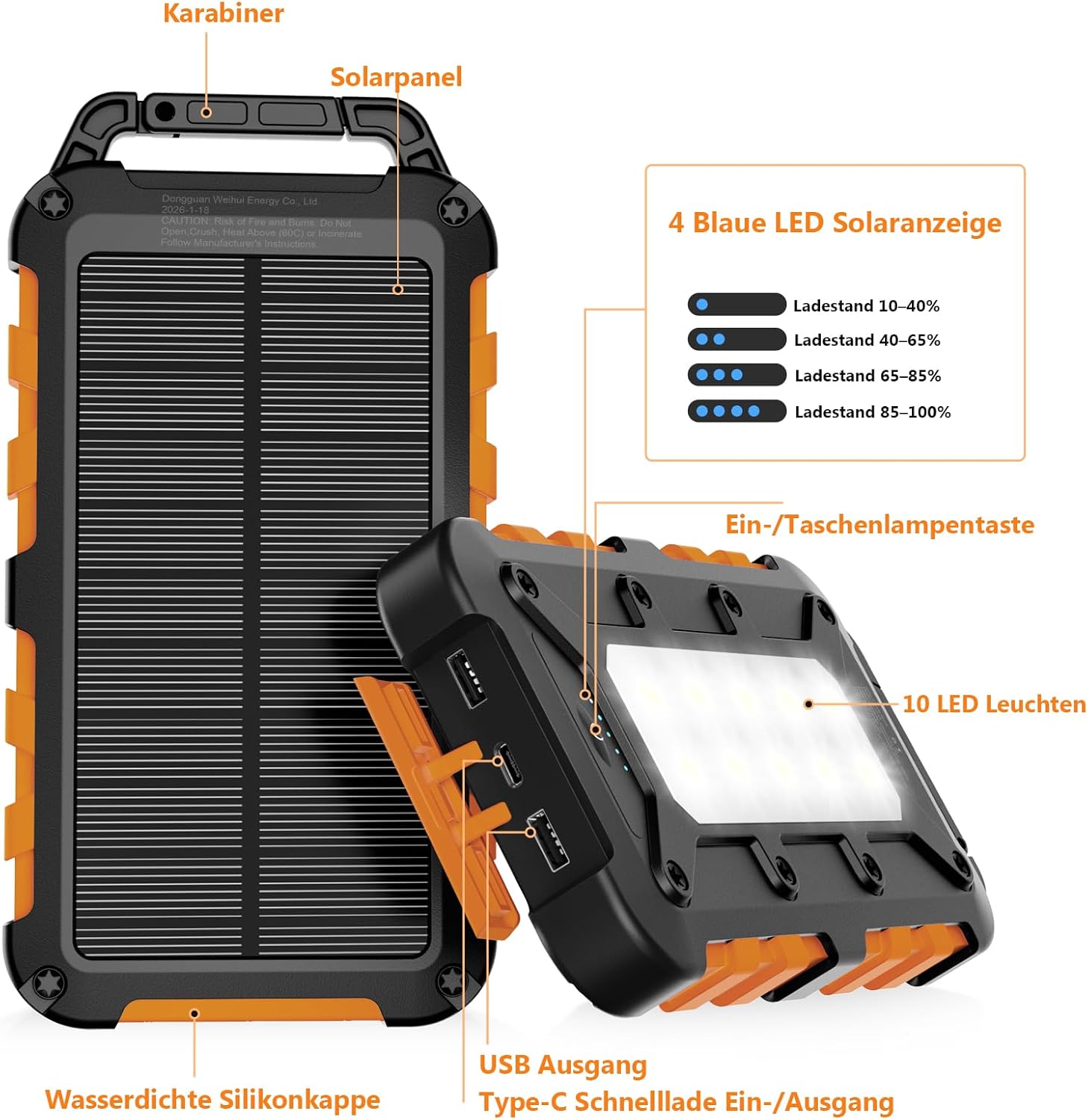 PD22.5W Solar Power Bank 10000 mAh Tragbares Solarladegerät USB C Externer Akku Outdoor Wasserdicht mit LED-Licht und 3 Ausgängen für Smartphones Tablets Camping – Bild 6