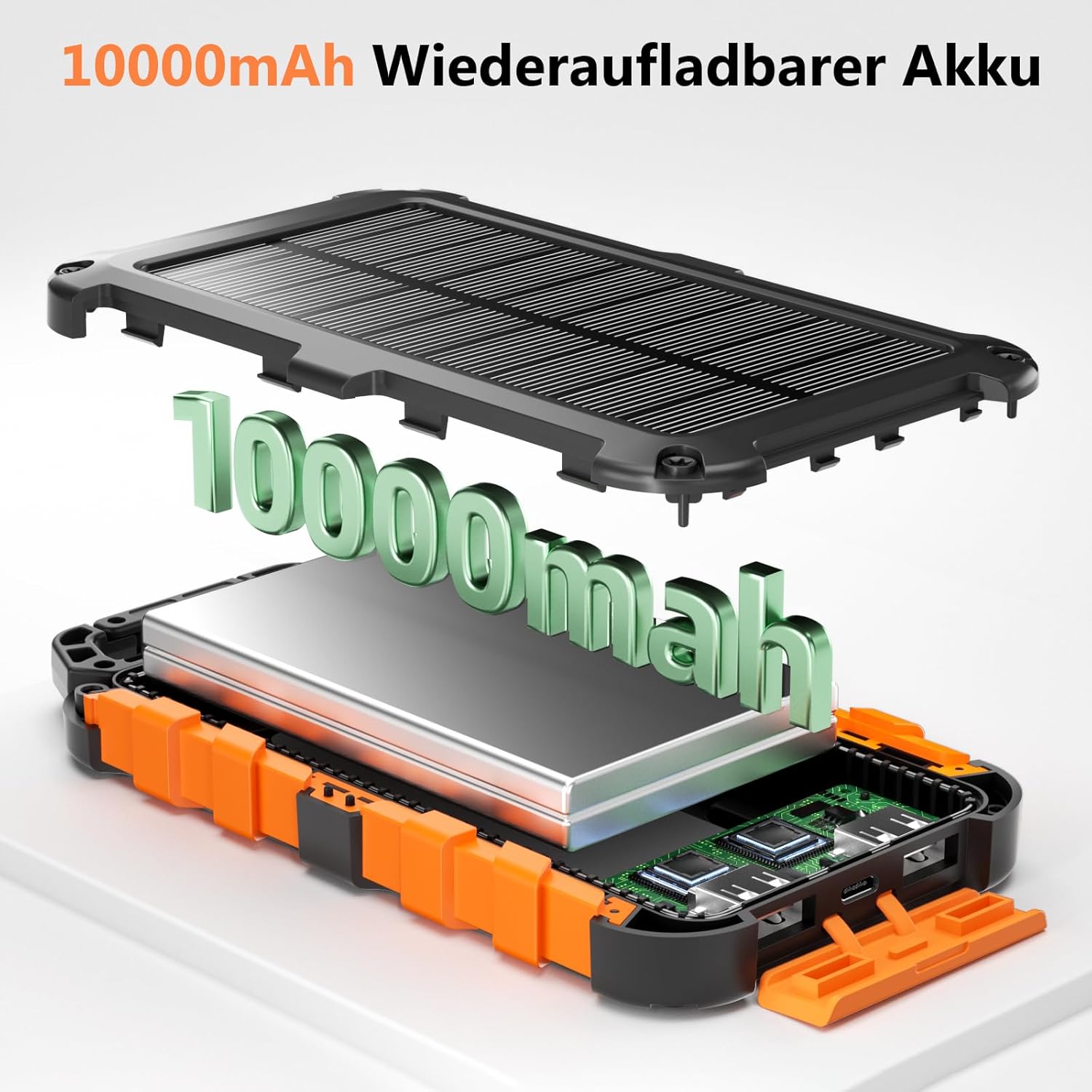 PD22.5W Solar Power Bank 10000 mAh Tragbares Solarladegerät USB C Externer Akku Outdoor Wasserdicht mit LED-Licht und 3 Ausgängen für Smartphones Tablets Camping – Bild 7