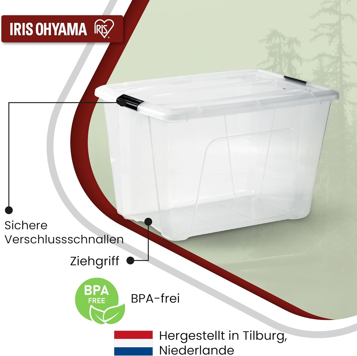 IRIS OHYAMA stapelbare Aufbewahrungsboxen mit Klickverschluss, Kunststoff, transparenter Deckel, 60 l, 4er-Set – Bild 3