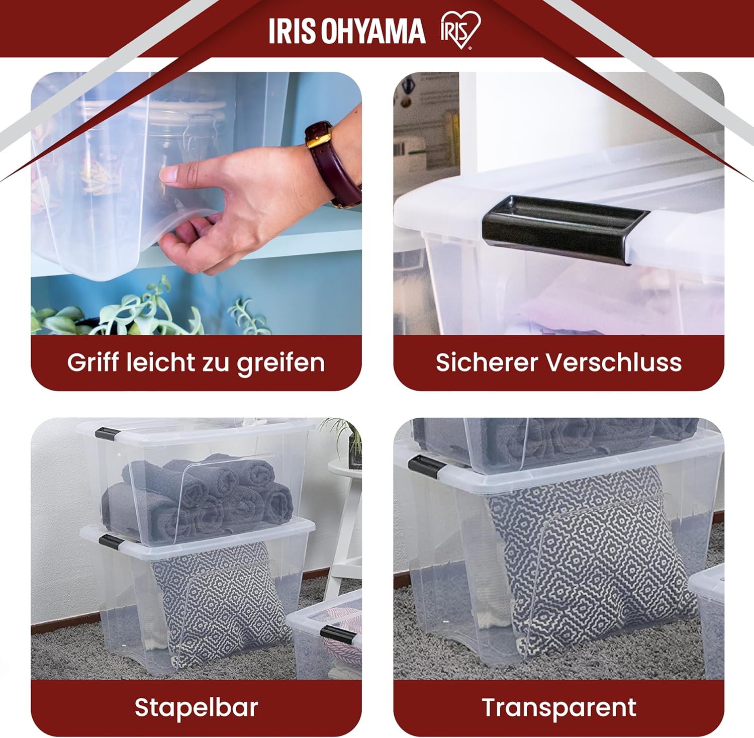 IRIS OHYAMA stapelbare Aufbewahrungsboxen mit Klickverschluss, Kunststoff, transparenter Deckel, 60 l, 4er-Set – Bild 4