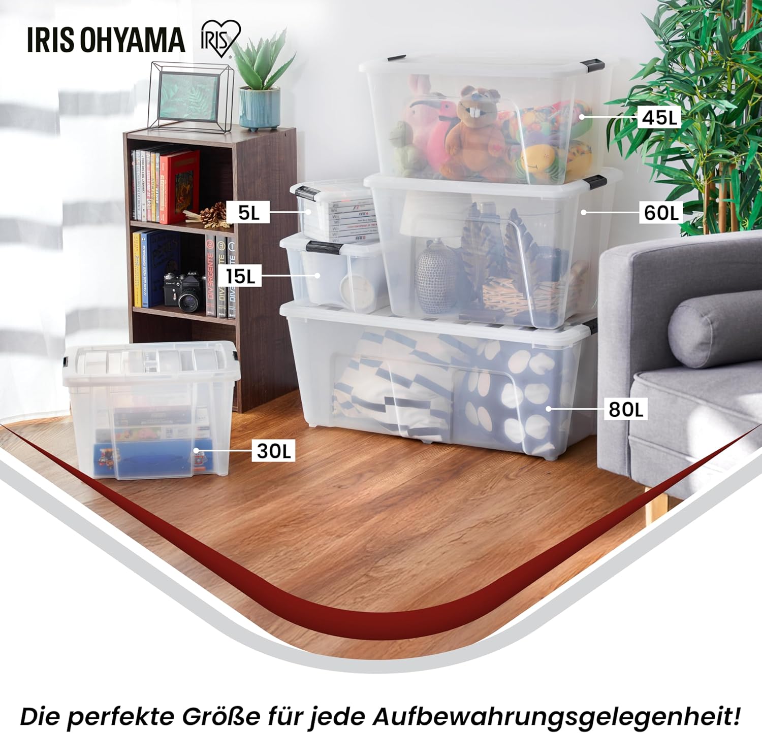 IRIS OHYAMA stapelbare Aufbewahrungsboxen mit Klickverschluss, Kunststoff, transparenter Deckel, 60 l, 4er-Set – Bild 6