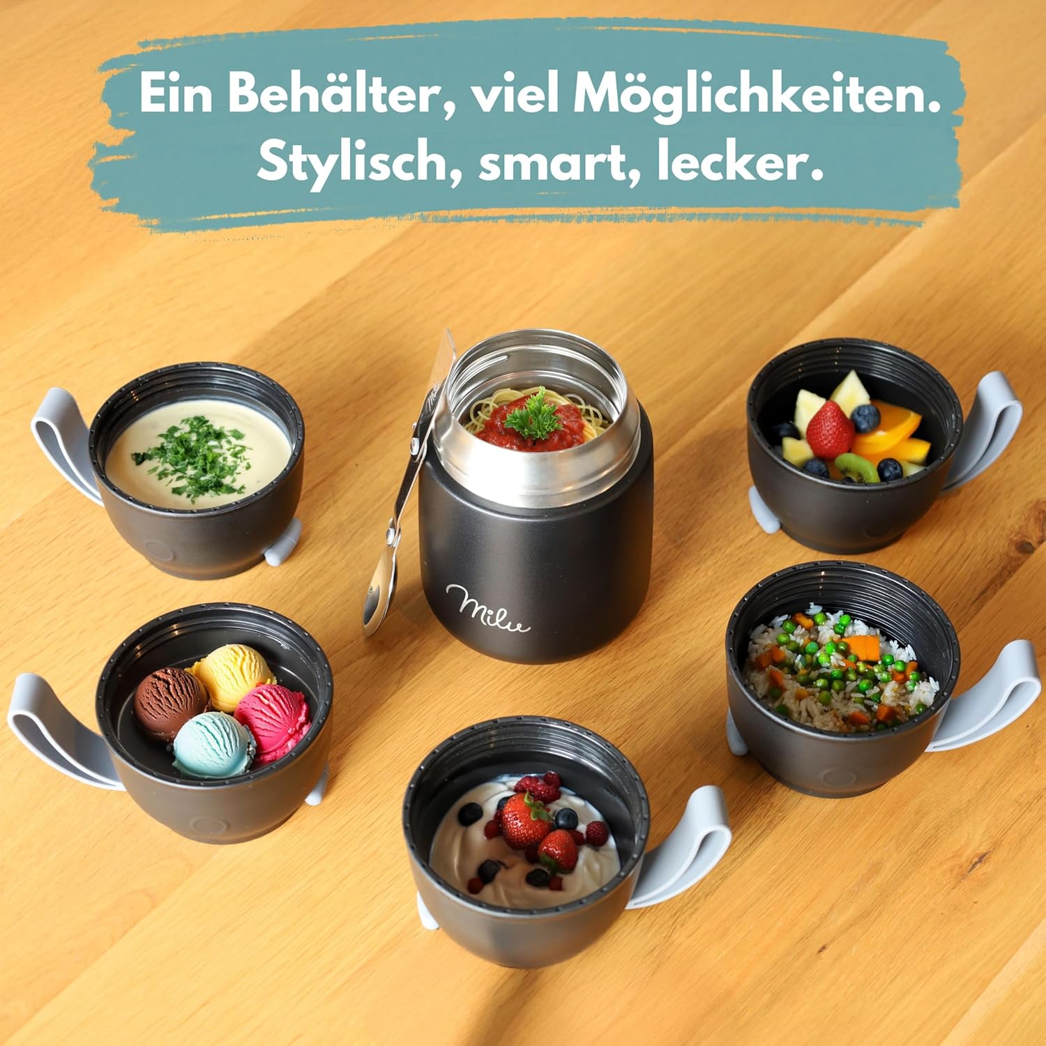 Milu® Thermo-Speisebehälter, 450/650/800 ml, Edelstahl, Wärmekonservierung, für Babynahrung, Müsli to go, Thermo-Lunchbox, Schwarz (650 ml) – Bild 2