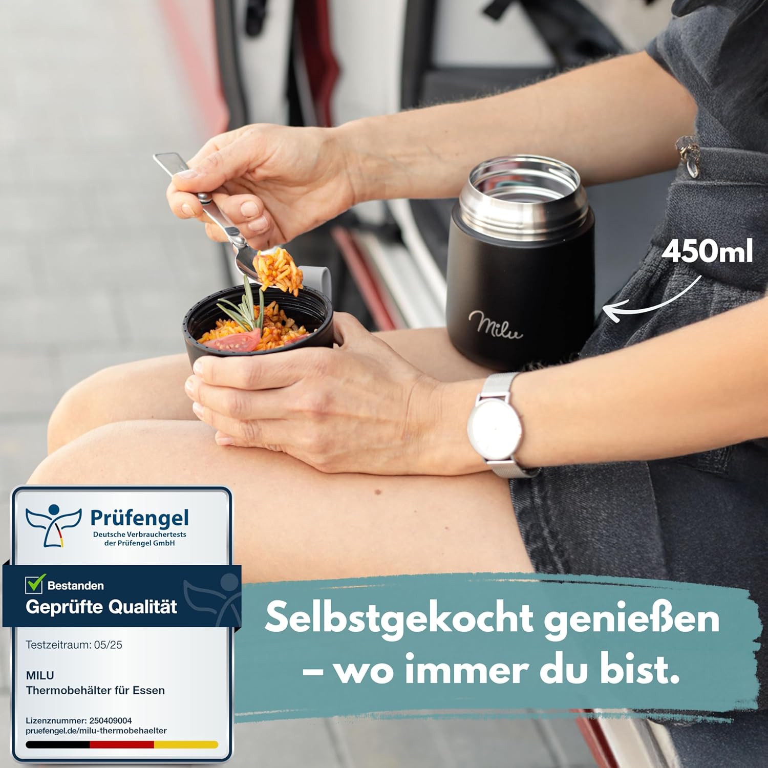 Milu® Thermo-Speisebehälter, 450/650/800 ml, Edelstahl, Wärmekonservierung, für Babynahrung, Müsli to go, Thermo-Lunchbox, Schwarz (650 ml) – Bild 9