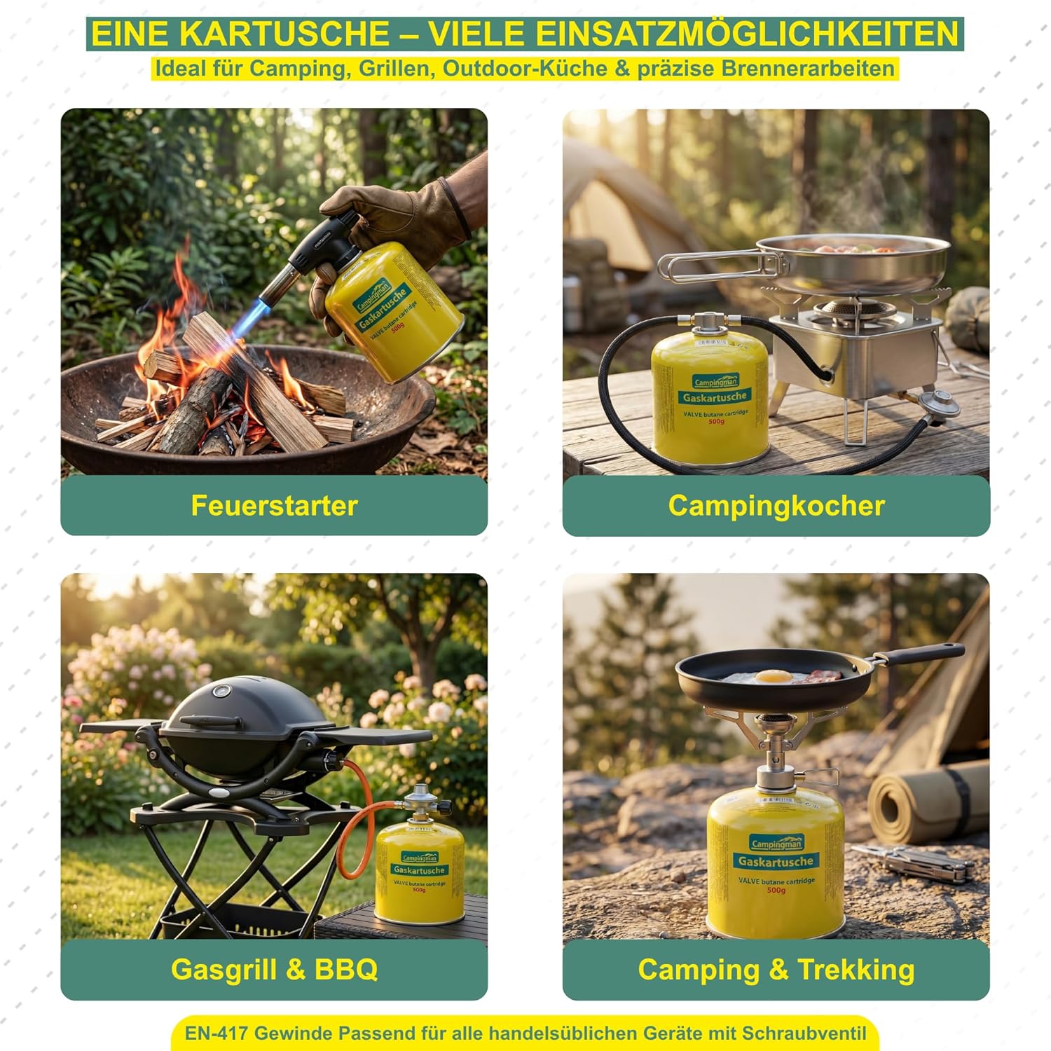 Campingman Gaskartusche 500 g mit Schraubventil EN 417 – Butangas für Campingkocher, Weber Grill & Camping – Universal-Schraubkartusche (3 x 500 g) – Bild 4
