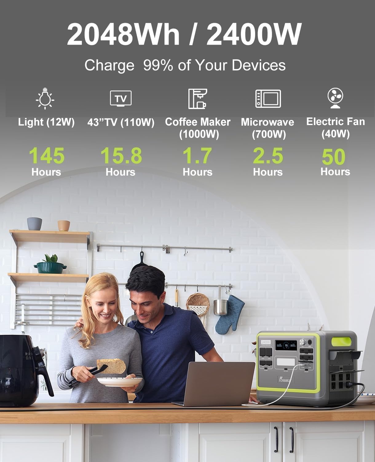 FOSSIBOT F2400 mit 200W Solarpanel Powerstation, 2400W AC Ausgängen (4800W Peak) Power Station, 1100W Superschnelles tragbares Solargenerator für Zuhause, Camping, Wohnmobil und Notfall – Bild 2