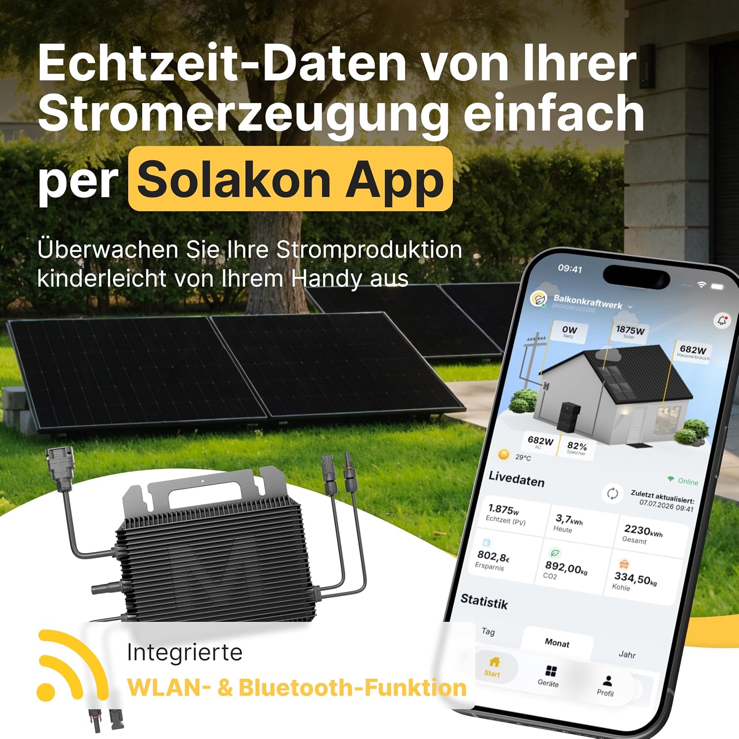 Solakon 1000 W Balkonkraftwerk mit Halterung (Flachdach) – Balkonkraftwerk 800 W Komplettsteckdose – 800 Watt Wechselrichter – Solaranlage Komplettset – 500 W bifaziale Solarmodule inklusive Zubehör – Bild 2