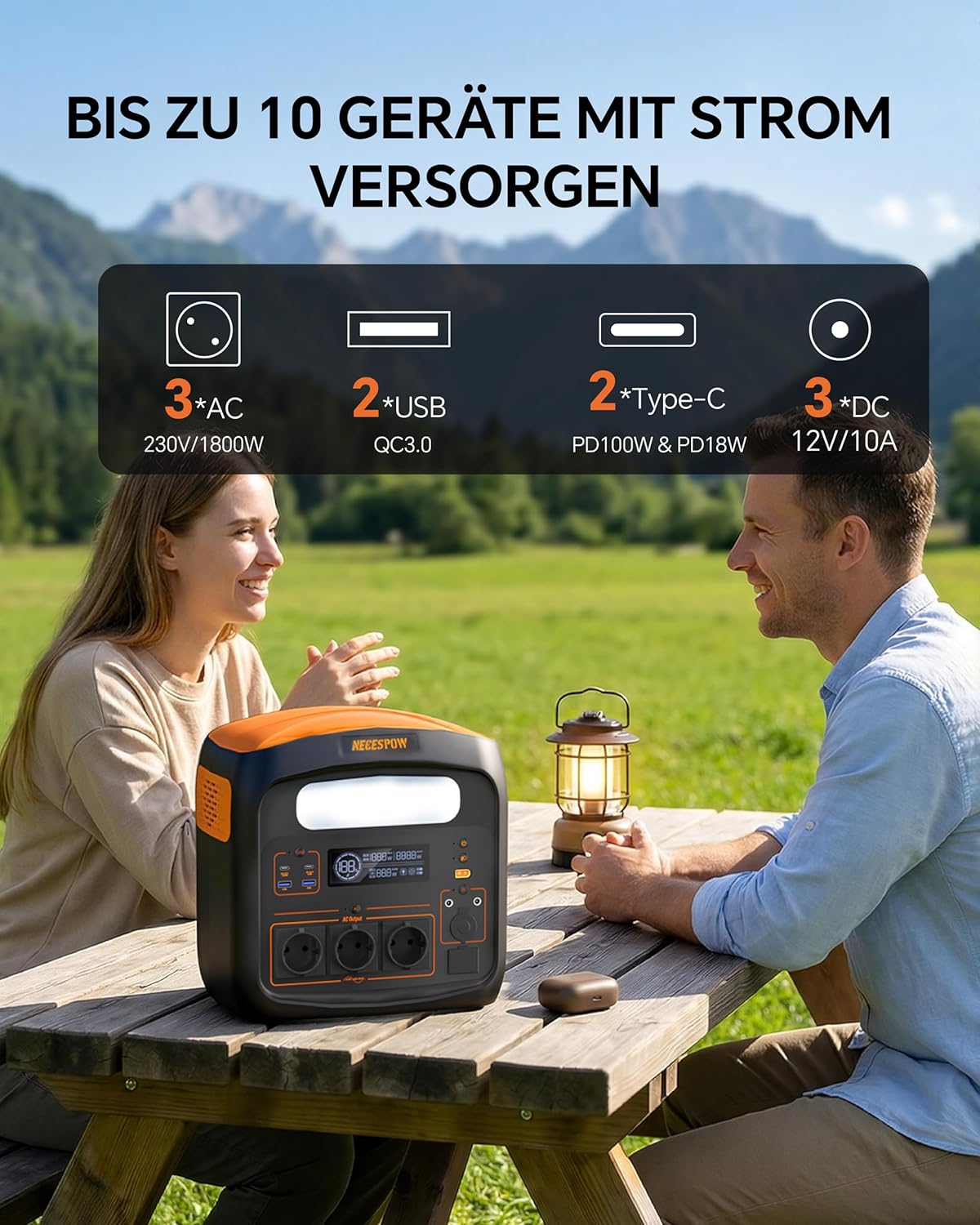 Tragbares Kraftwerk mit 200 W Solarpanel, Solargenerator 1800 W, 1024 Wh LiFePO4-Akku, PD 100 W, USB-C/AC/DC, Solarladung, für Camping, Notstrom, Outdoor – Bild 2