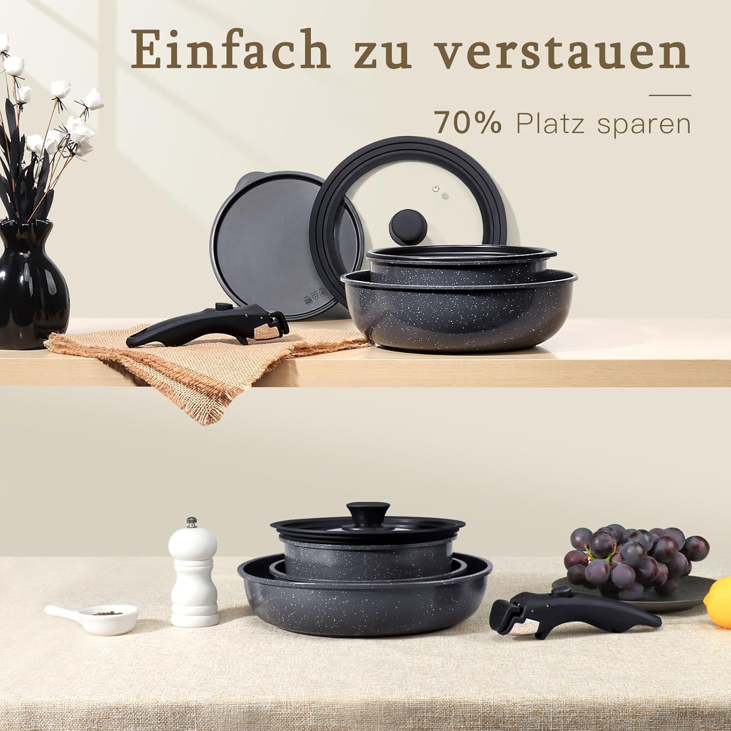 GiPP Granit-Pfannen-Set, 8-teilig, Kochtopf-Set, antihaftbeschichtetes Kochgeschirr mit abnehmbarem Griff, für alle Herdarten geeignet, spülmaschinenfest, ofenfest (schwarz, 8-teilig) – Bild 4