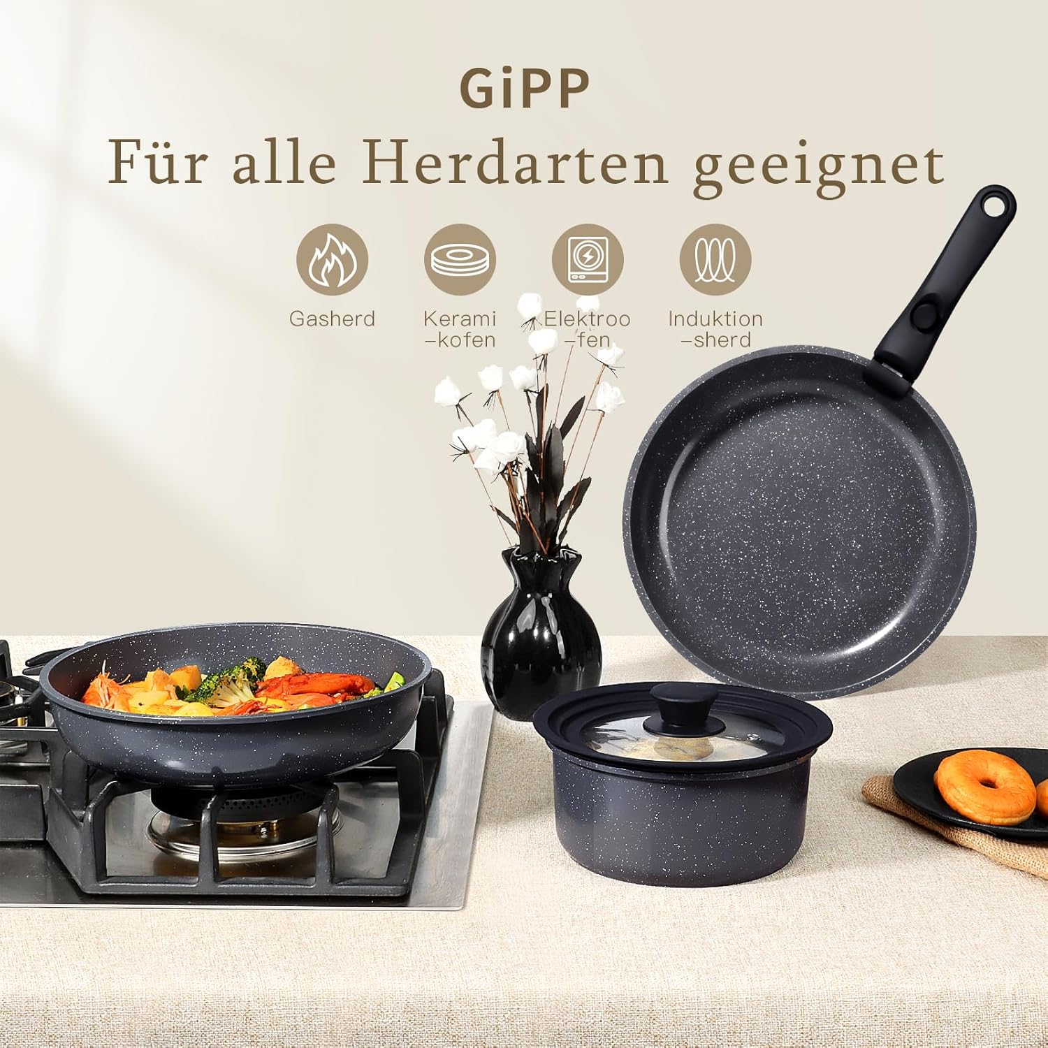 GiPP Granit-Pfannen-Set, 8-teilig, Kochtopf-Set, antihaftbeschichtetes Kochgeschirr mit abnehmbarem Griff, für alle Herdarten geeignet, spülmaschinenfest, ofenfest (schwarz, 8-teilig) – Bild 6