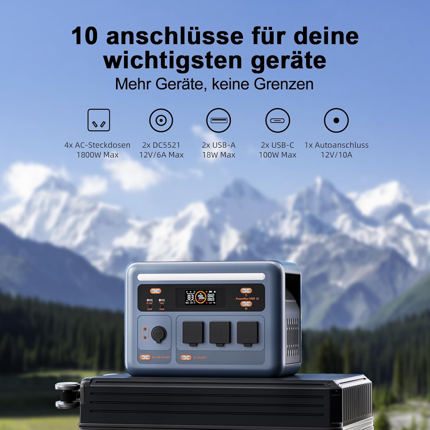 OSCAL PowerMax 1800SE Tragbares Kraftwerk mit 2 x 400 W Solarmodulen, 1024 Wh LFP-Batterie-Backup mit 3 x 1800 W AC-Ausgang, Schnellladung von 0–80 % in 45 Minuten, Solargenerator, Notstromgenerator | 1024Wh LiFePO4 Batterie, 1800W AC (3600W Peak)/100W USB-C Ausgang, Solargenerator für Camping, Wohnwagen, Notstrom zu Hause – Bild 3