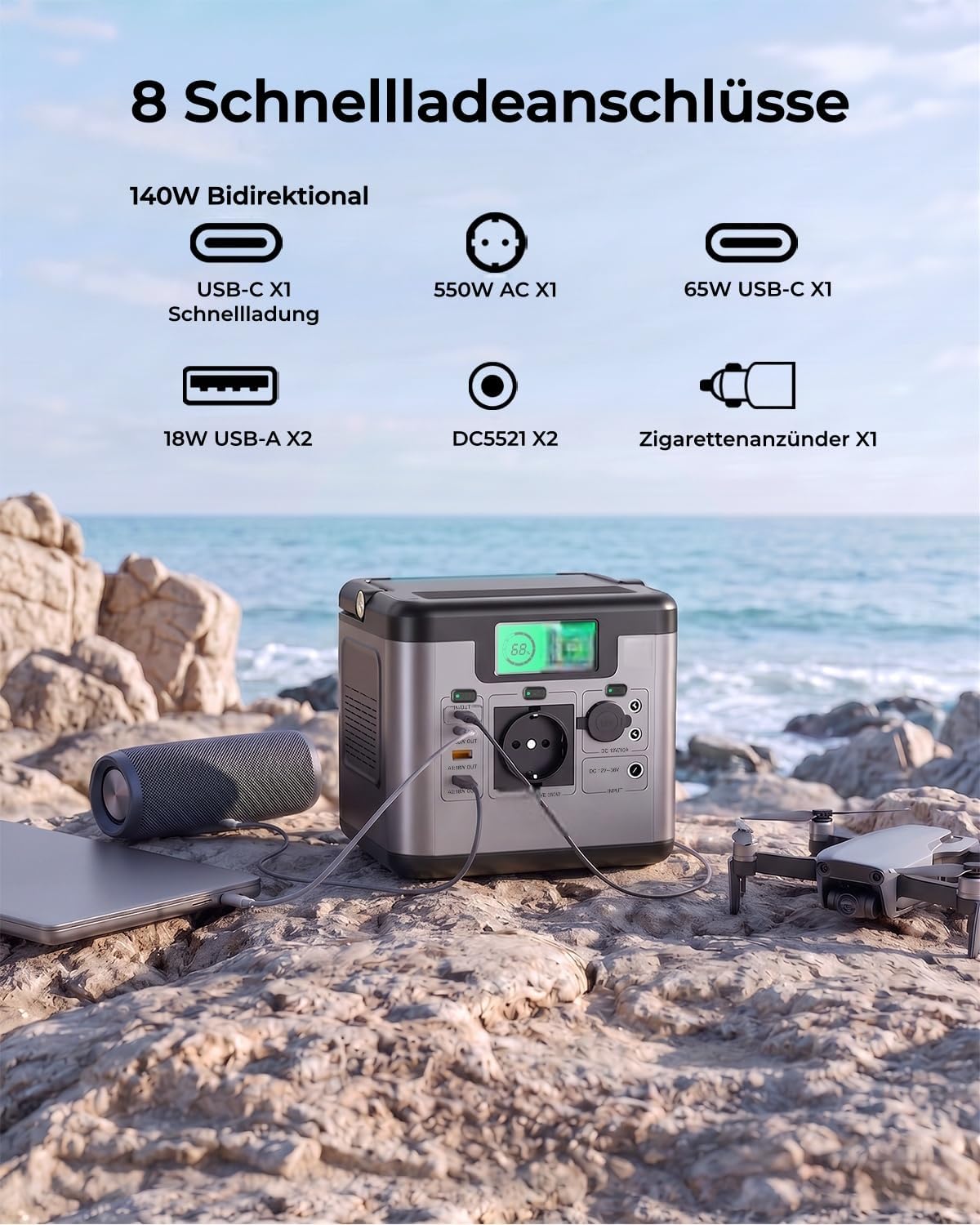 Tragbare Power Station S550 mit 100 W Solarpanel, 555 Wh Solargenerator, 550 W (1100 W Spitze) Wechselstrom, 140 W bidirektionale Schnellladung USB-C, Notstromgenerator für Outdoor-Camping-Wohnmobile | 550 W (1100 W Spitze) Wechselstrom, 140 W bidirektionale Schnellladung USB-C, Notstromgenerator für Camping-Wohnwagen-Haus im Freien – Bild 3